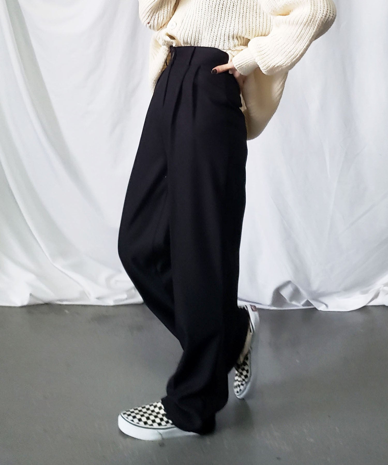 【 秋冬素材で新登場! 】太ベルトハイウエストウールライクカラータックスラックス