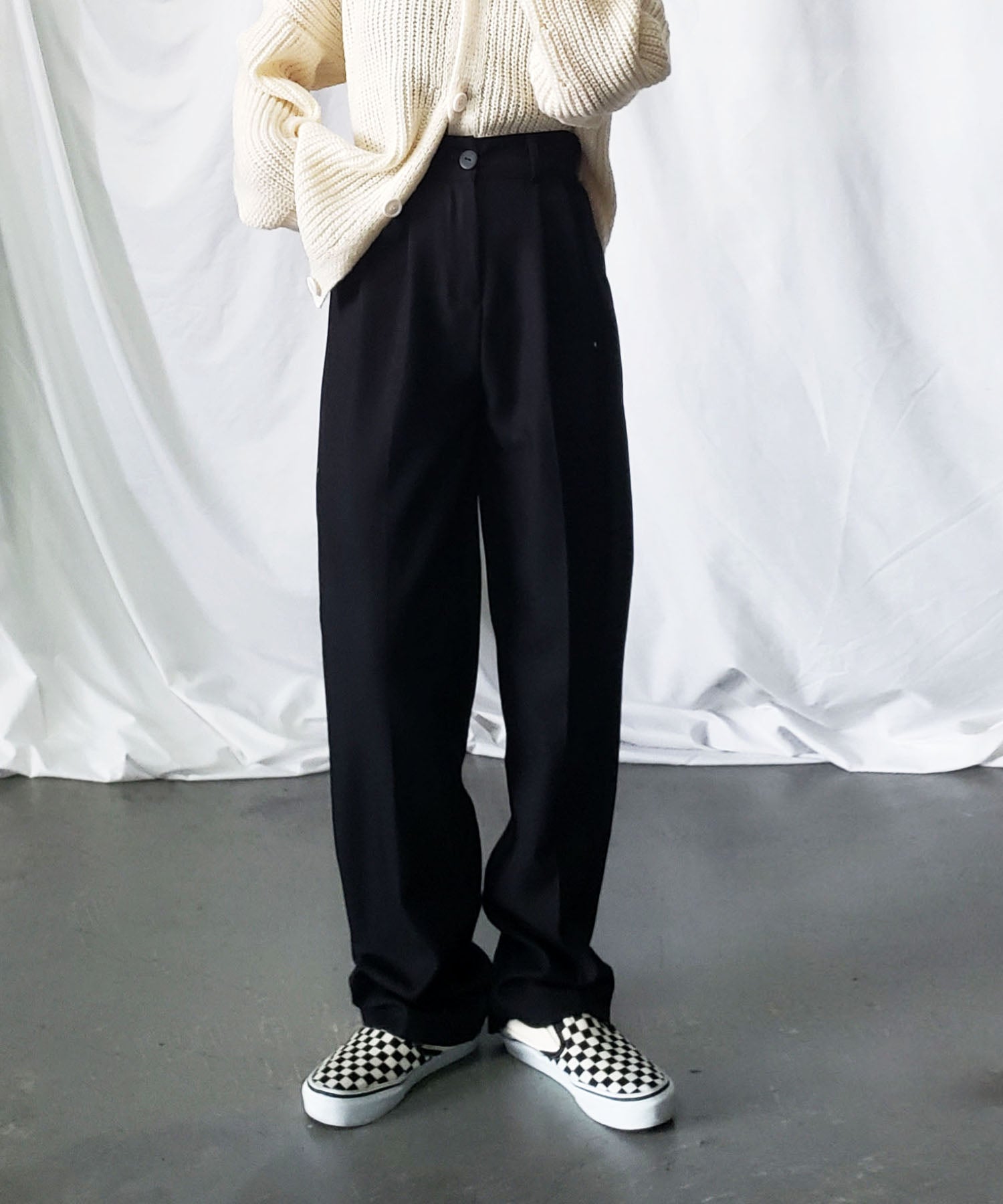 【 秋冬素材で新登場! 】太ベルトハイウエストウールライクカラータックスラックス