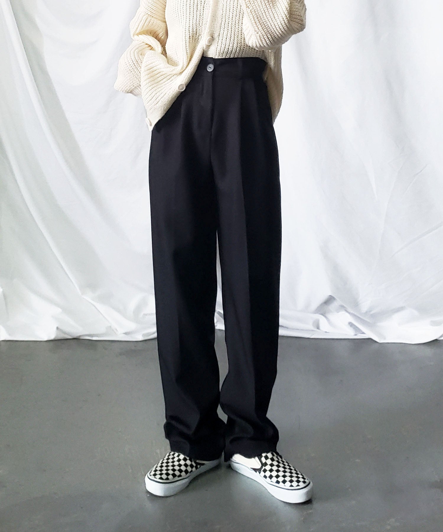 【 秋冬素材で新登場! 】太ベルトハイウエストウールライクカラータックスラックス