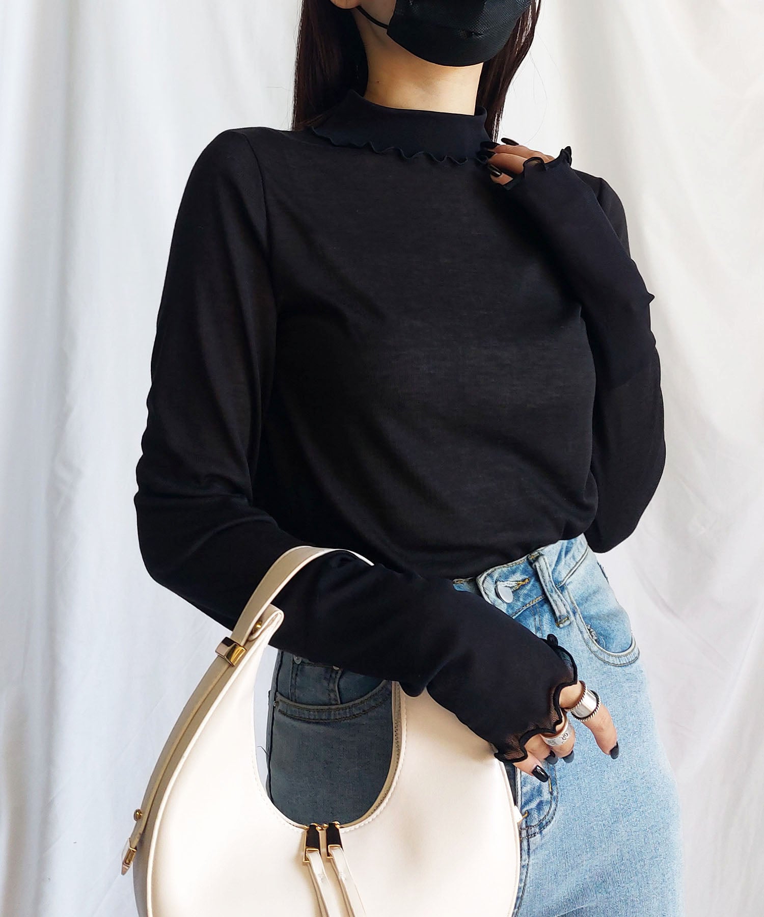 シアー切替プチハイネックメロートップス