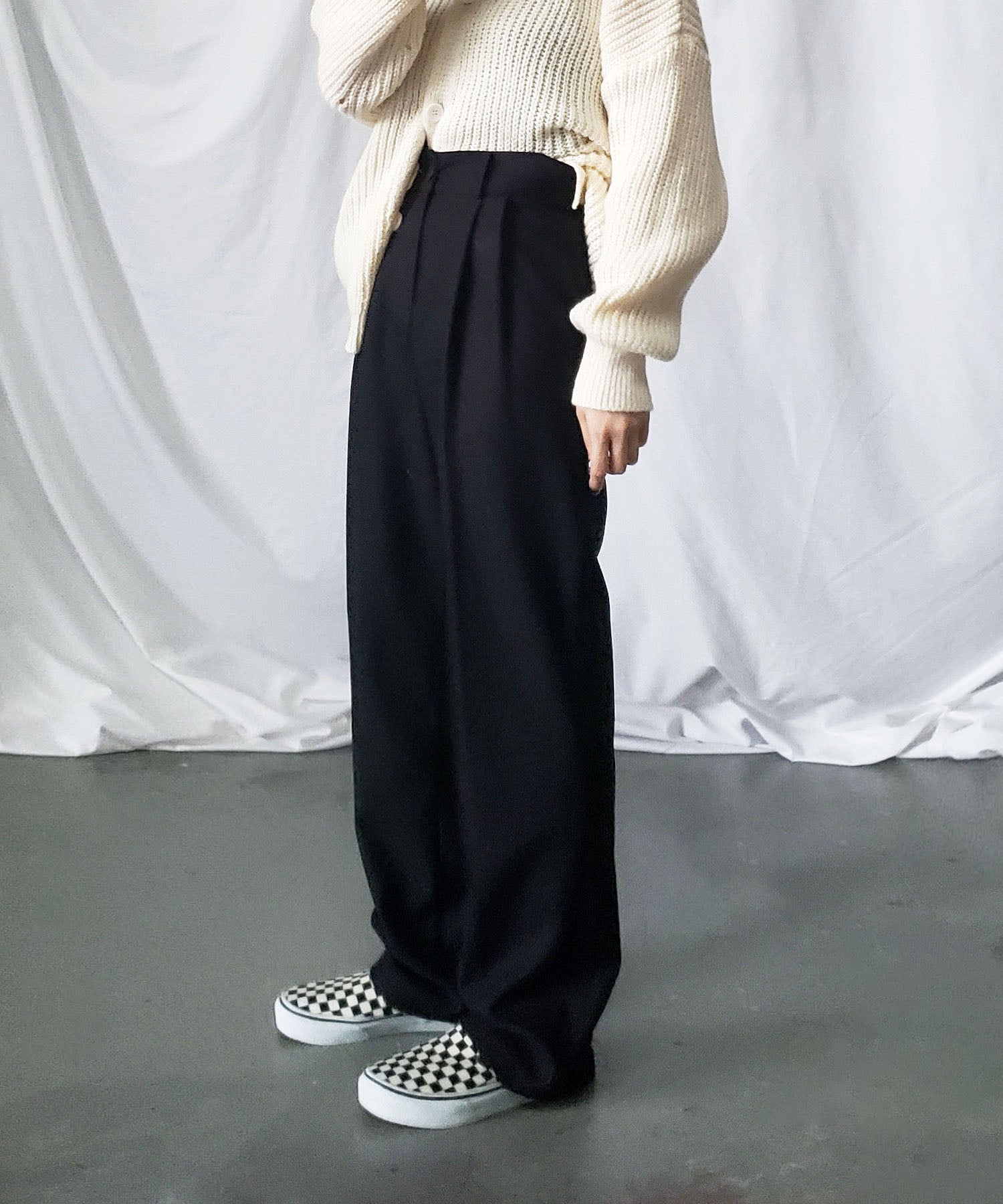 【 秋冬素材で新登場! 】太ベルトハイウエストウールライクカラータックスラックス