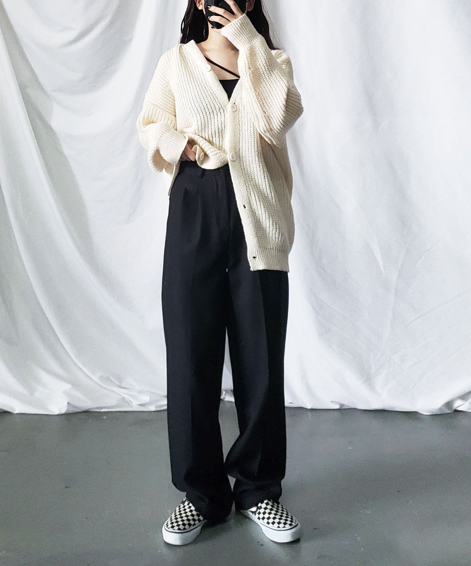 【 秋冬素材で新登場! 】太ベルトハイウエストウールライクカラータックスラックス