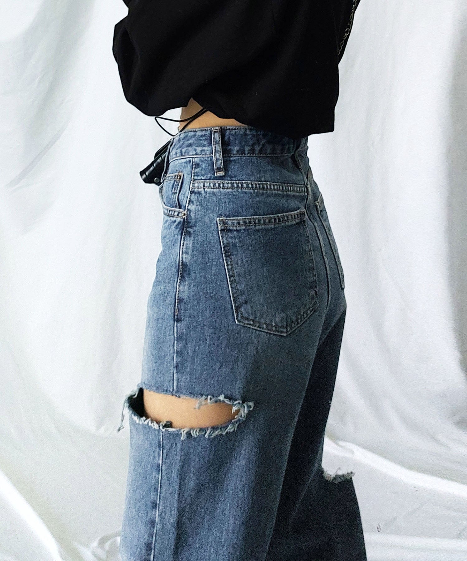 【 7color / 3size 】カットアウトサイドスリットロングデニムパンツ