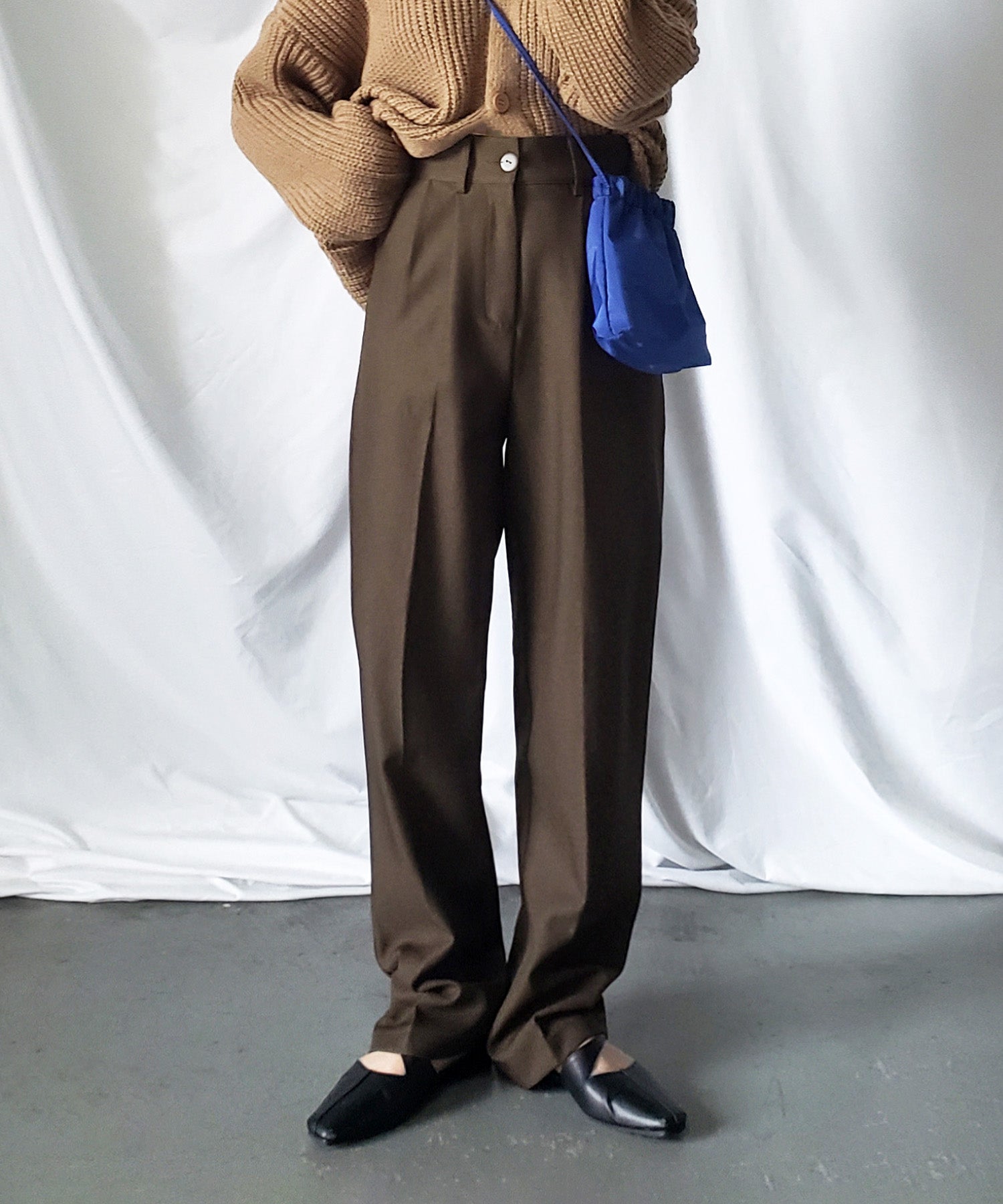 【 秋冬素材で新登場! 】太ベルトハイウエストウールライクカラータックスラックス