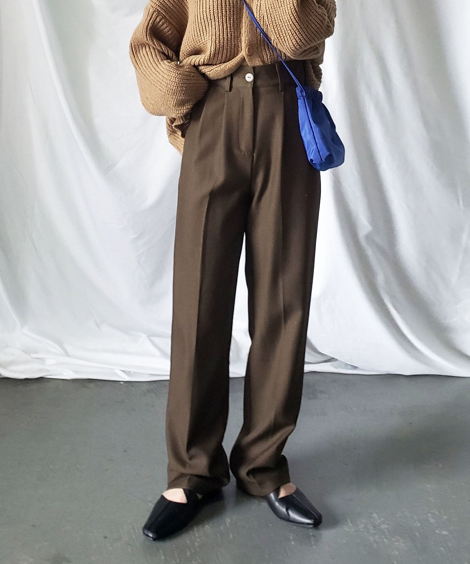 【 秋冬素材で新登場! 】太ベルトハイウエストウールライクカラータックスラックス