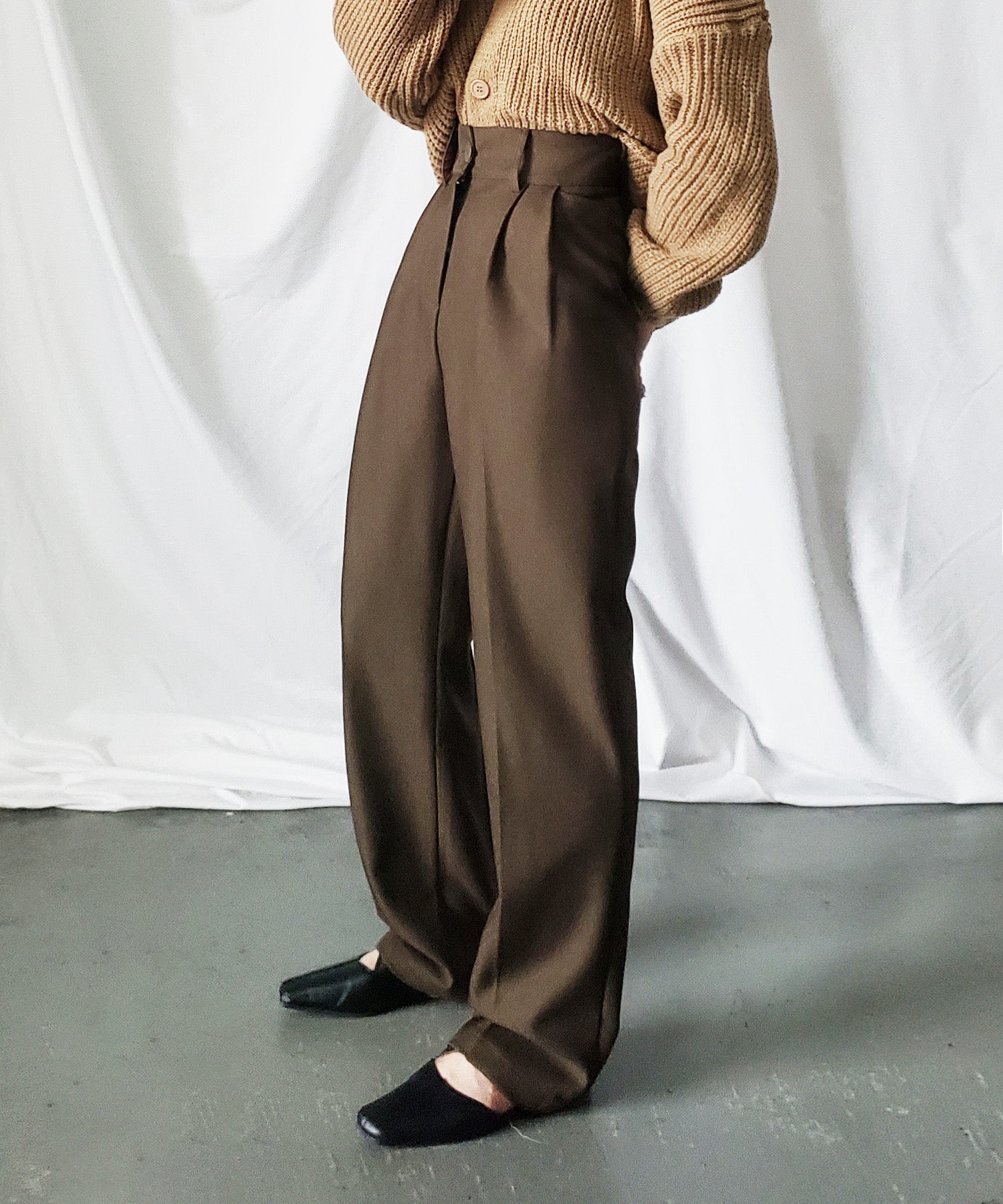 【 秋冬素材で新登場! 】太ベルトハイウエストウールライクカラータックスラックス