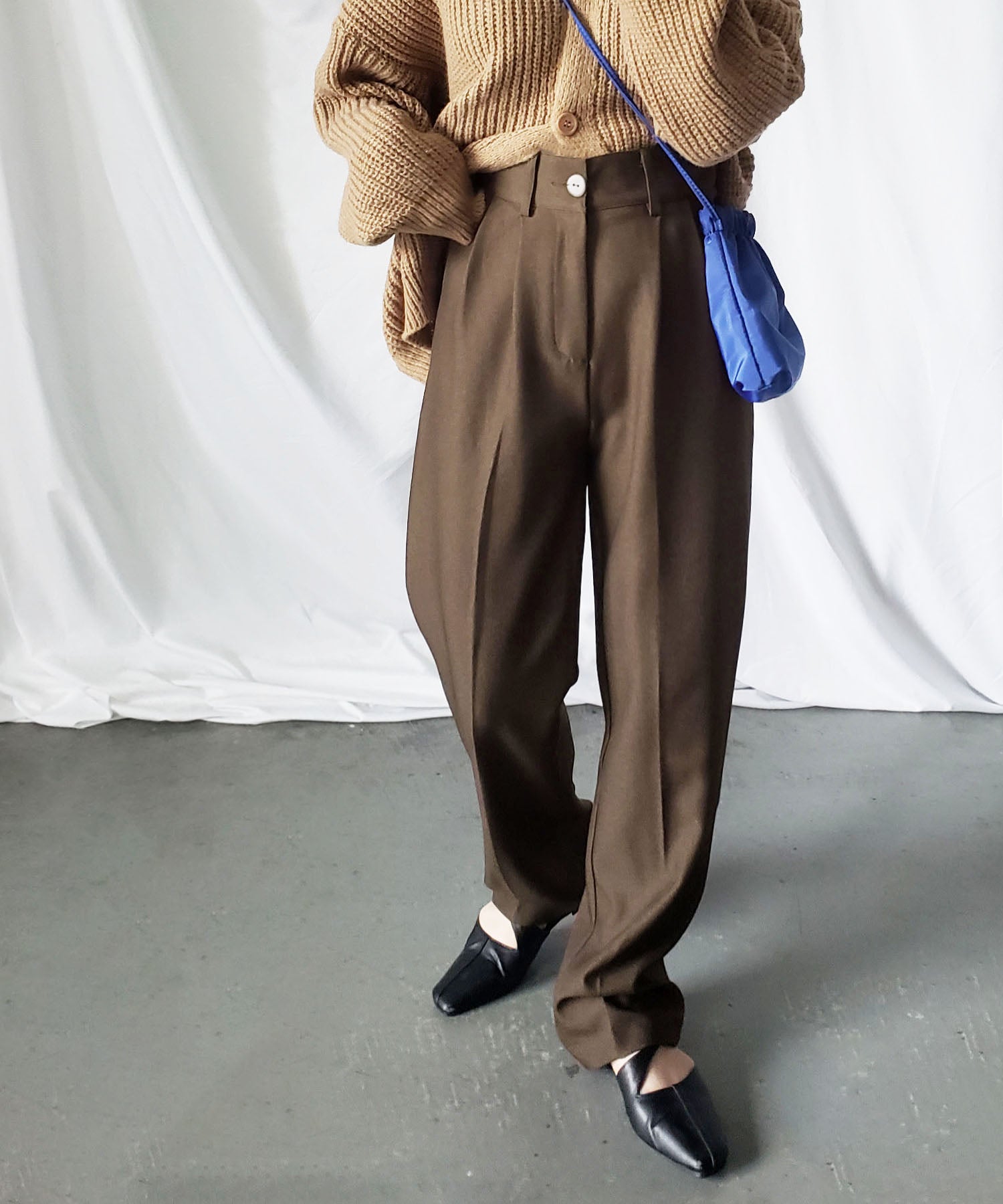 【 秋冬素材で新登場! 】太ベルトハイウエストウールライクカラータックスラックス