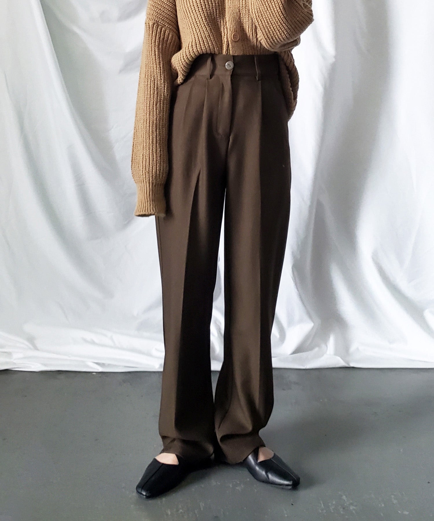 【 秋冬素材で新登場! 】太ベルトハイウエストウールライクカラータックスラックス