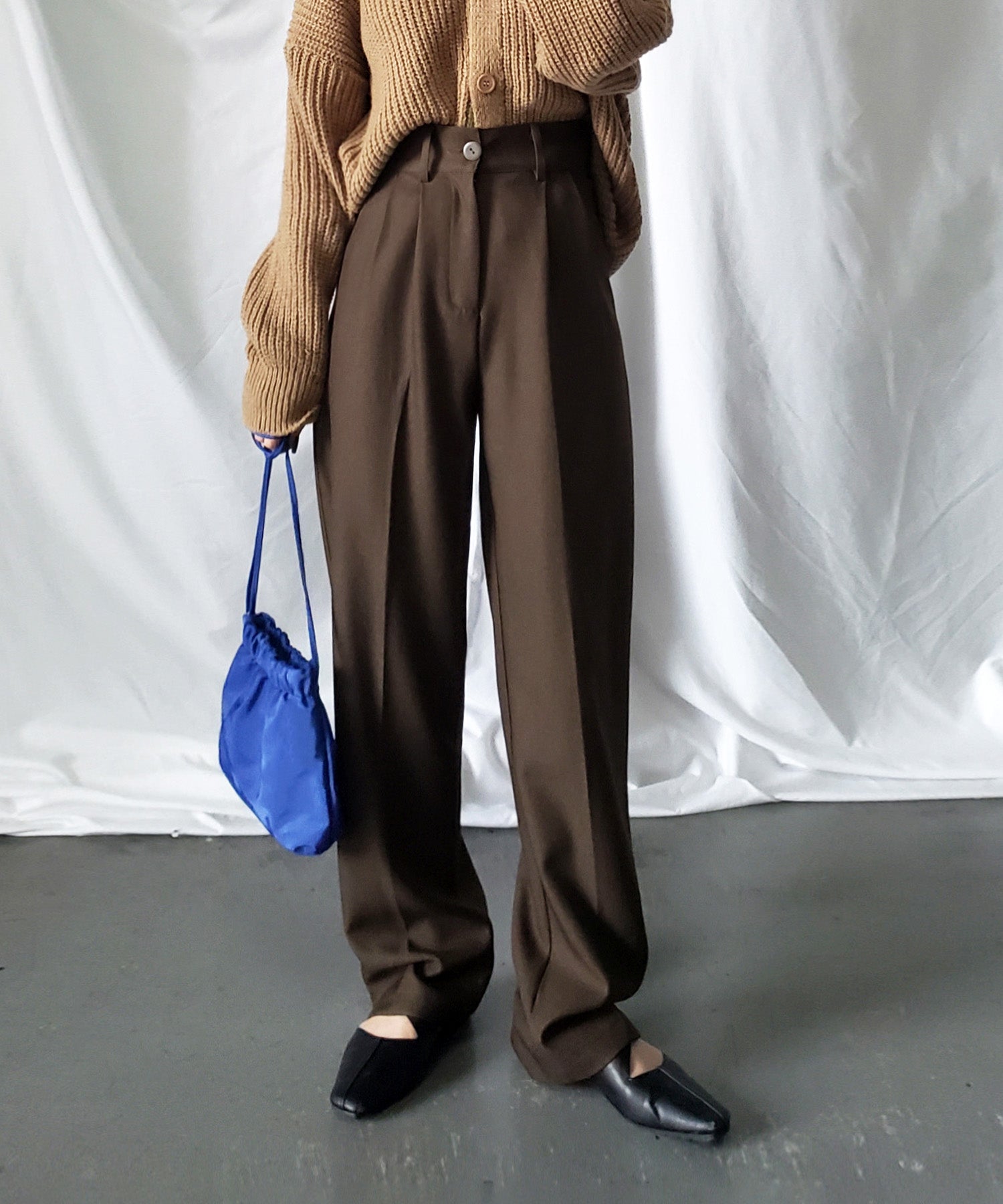 【 秋冬素材で新登場! 】太ベルトハイウエストウールライクカラータックスラックス