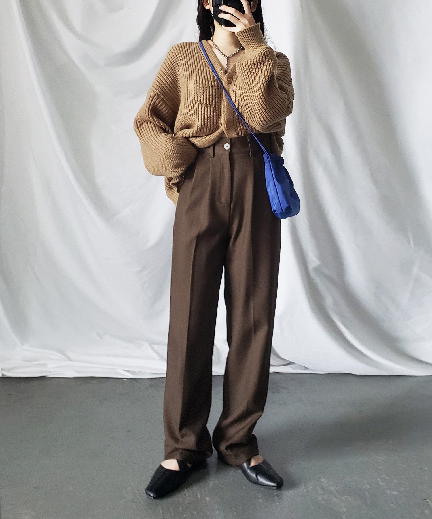 【 秋冬素材で新登場! 】太ベルトハイウエストウールライクカラータックスラックス