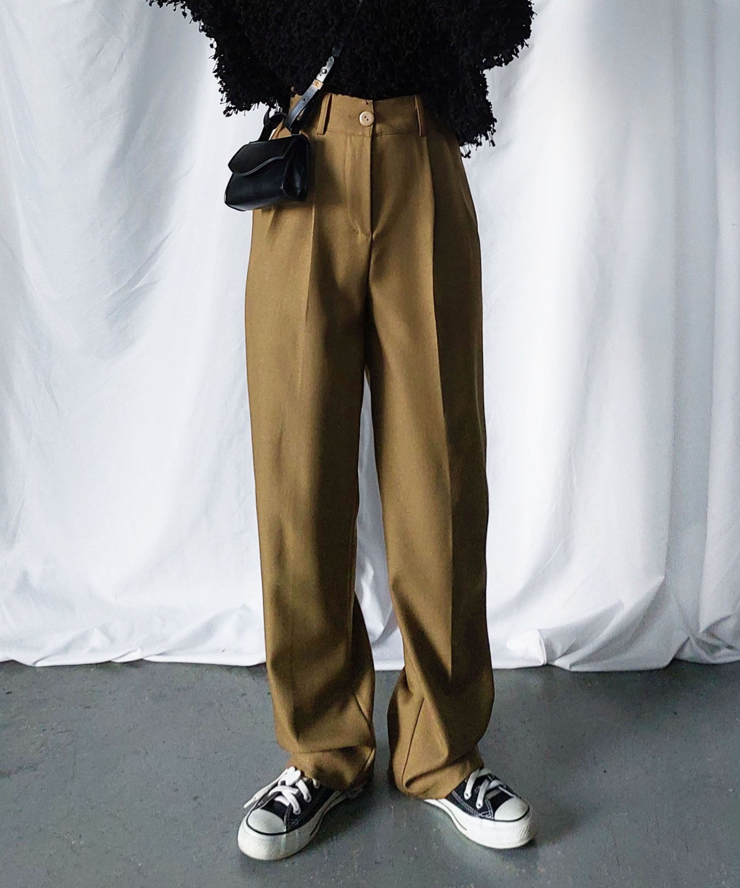 【 秋冬素材で新登場! 】太ベルトハイウエストウールライクカラータックスラックス