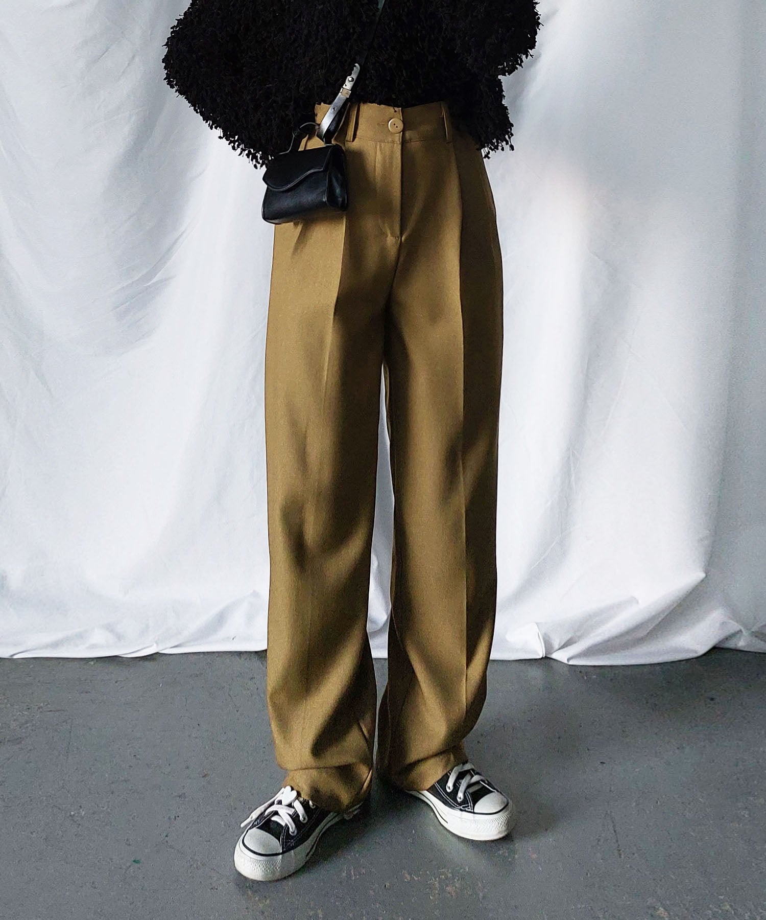 【 秋冬素材で新登場! 】太ベルトハイウエストウールライクカラータックスラックス