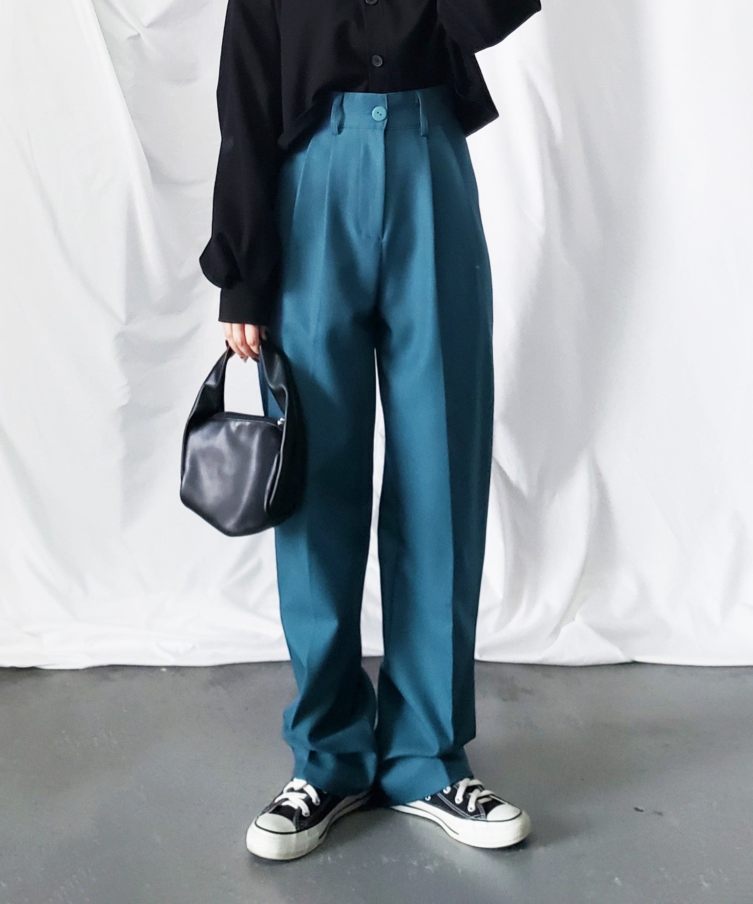 【 秋冬素材で新登場! 】太ベルトハイウエストウールライクカラータックスラックス