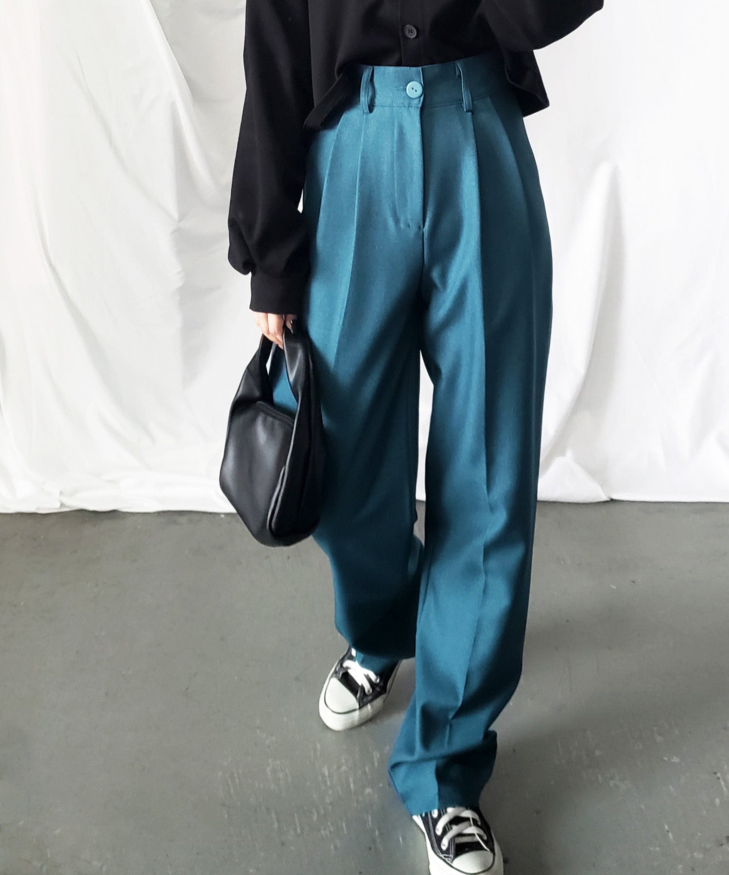 【 秋冬素材で新登場! 】太ベルトハイウエストウールライクカラータックスラックス