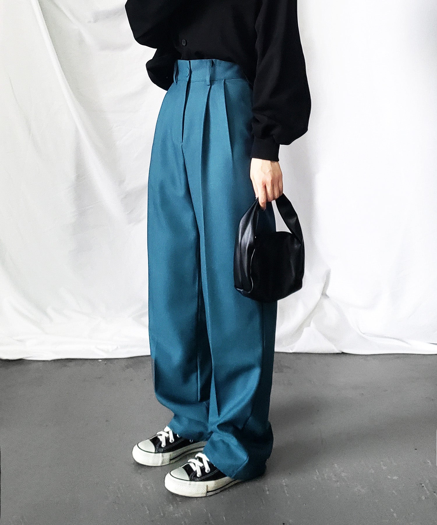 【 秋冬素材で新登場! 】太ベルトハイウエストウールライクカラータックスラックス