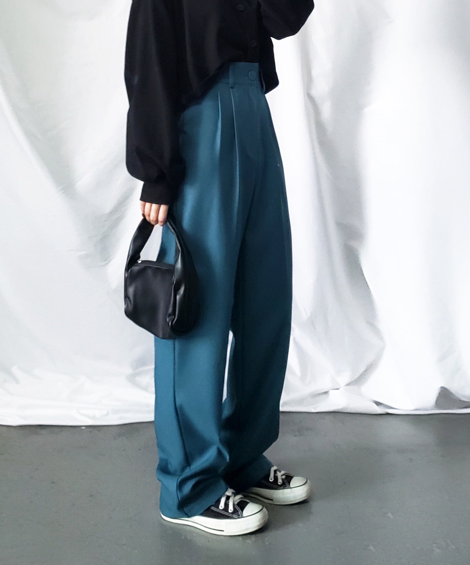 【 秋冬素材で新登場! 】太ベルトハイウエストウールライクカラータックスラックス