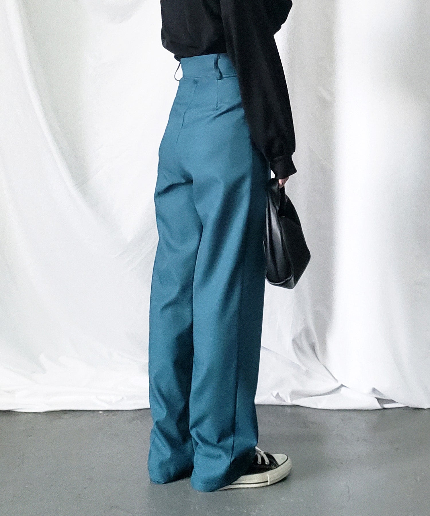 【 秋冬素材で新登場! 】太ベルトハイウエストウールライクカラータックスラックス