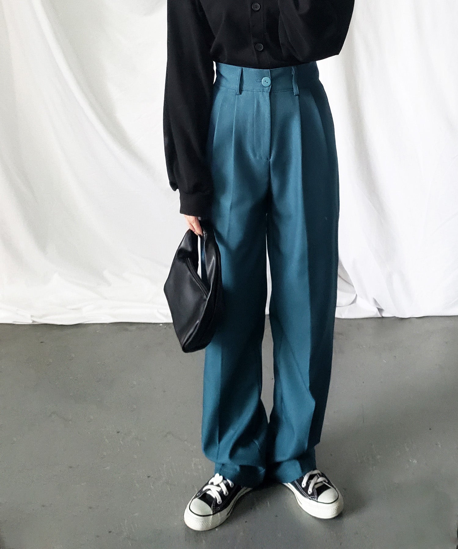 【 秋冬素材で新登場! 】太ベルトハイウエストウールライクカラータックスラックス