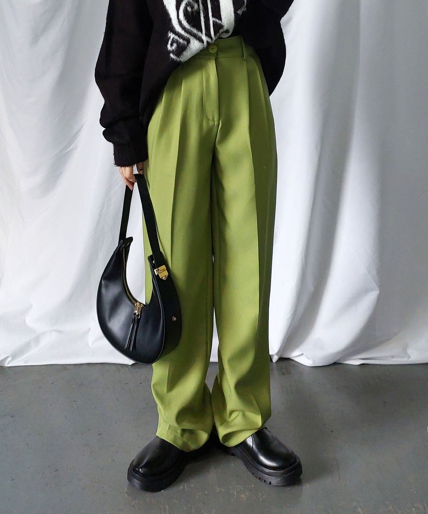 【 秋冬素材で新登場! 】太ベルトハイウエストウールライクカラータックスラックス