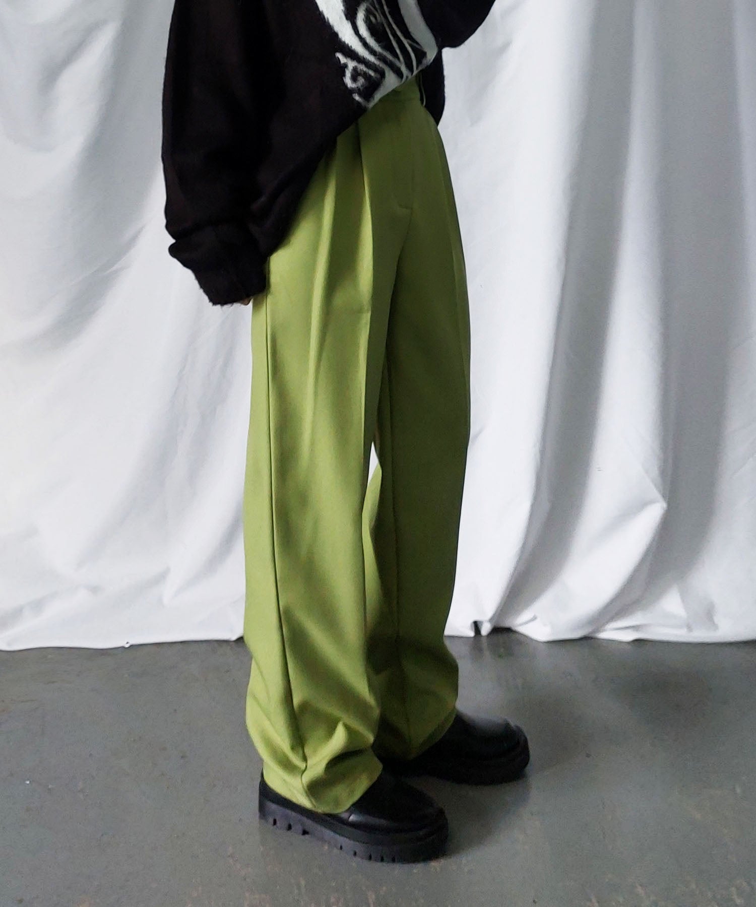 【 秋冬素材で新登場! 】太ベルトハイウエストウールライクカラータックスラックス