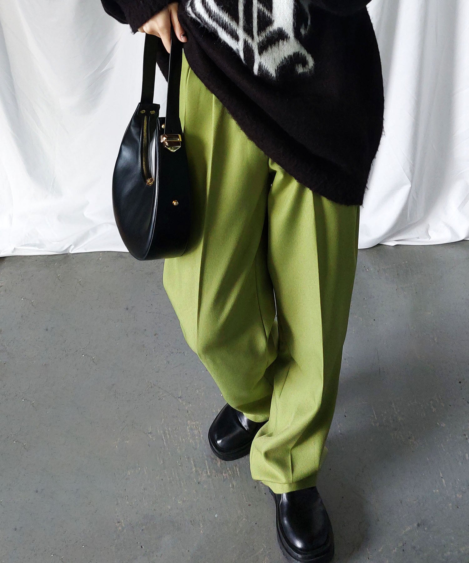 【 秋冬素材で新登場! 】太ベルトハイウエストウールライクカラータックスラックス