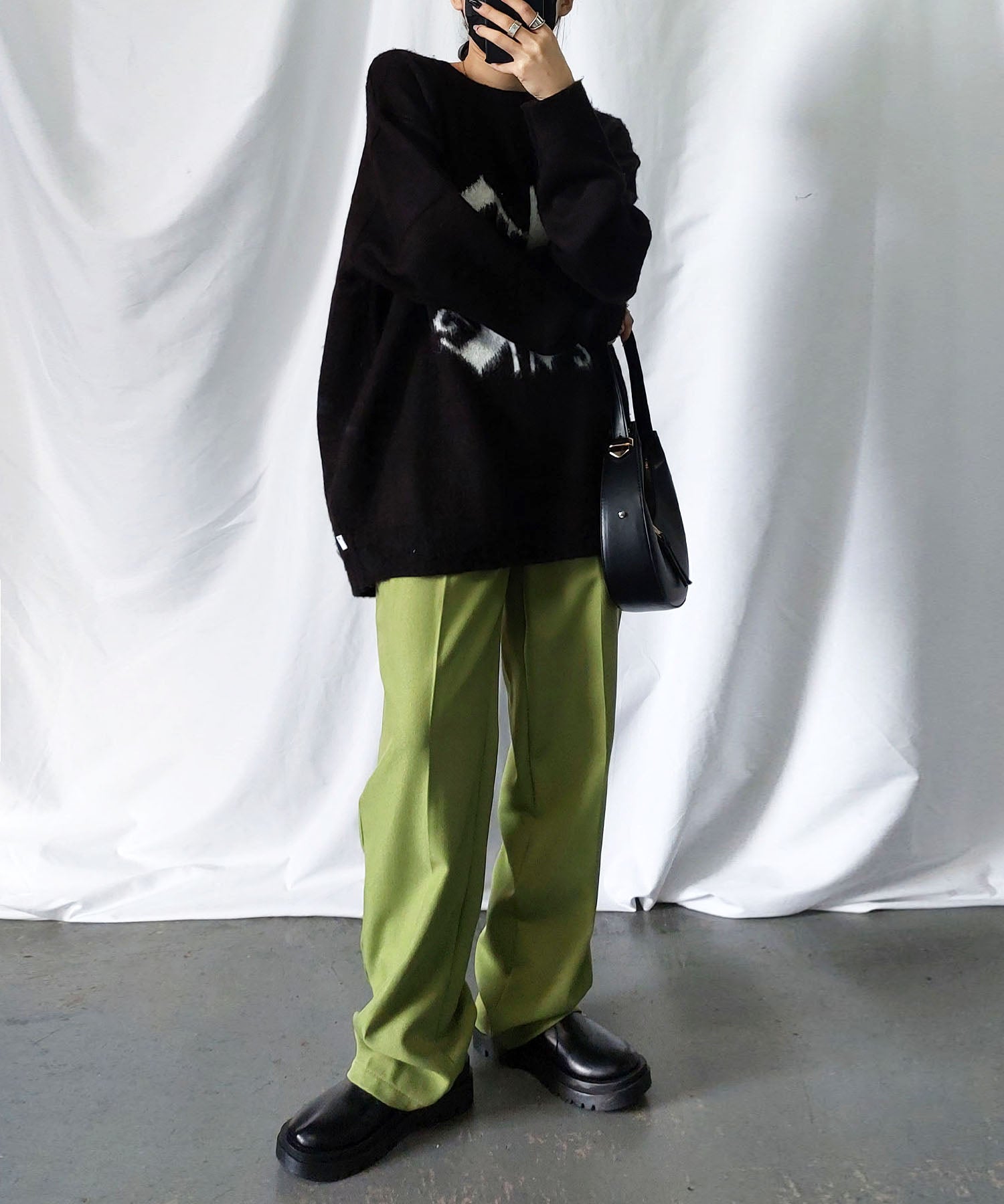 【 秋冬素材で新登場! 】太ベルトハイウエストウールライクカラータックスラックス