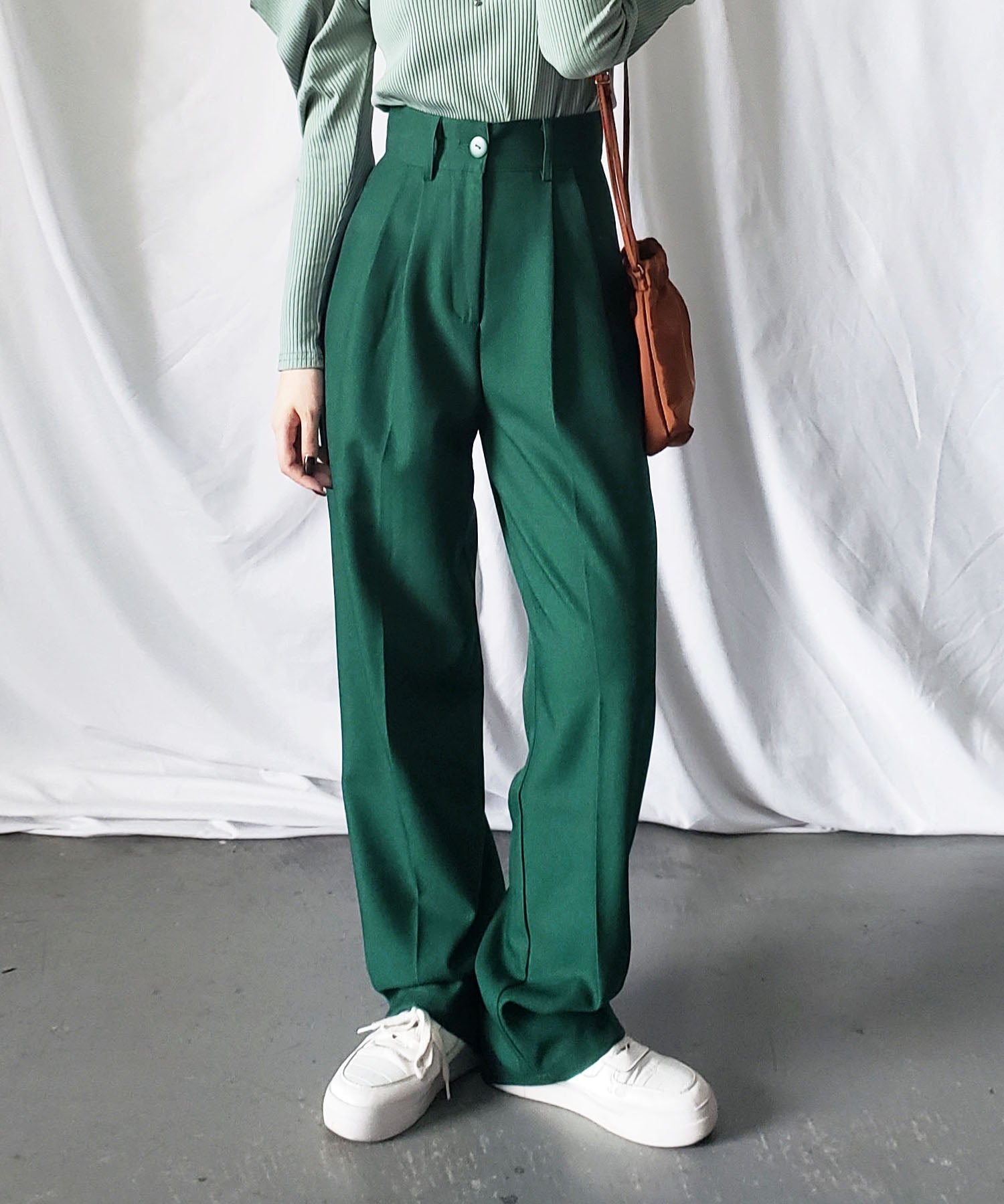 【 秋冬素材で新登場! 】太ベルトハイウエストウールライクカラータックスラックス