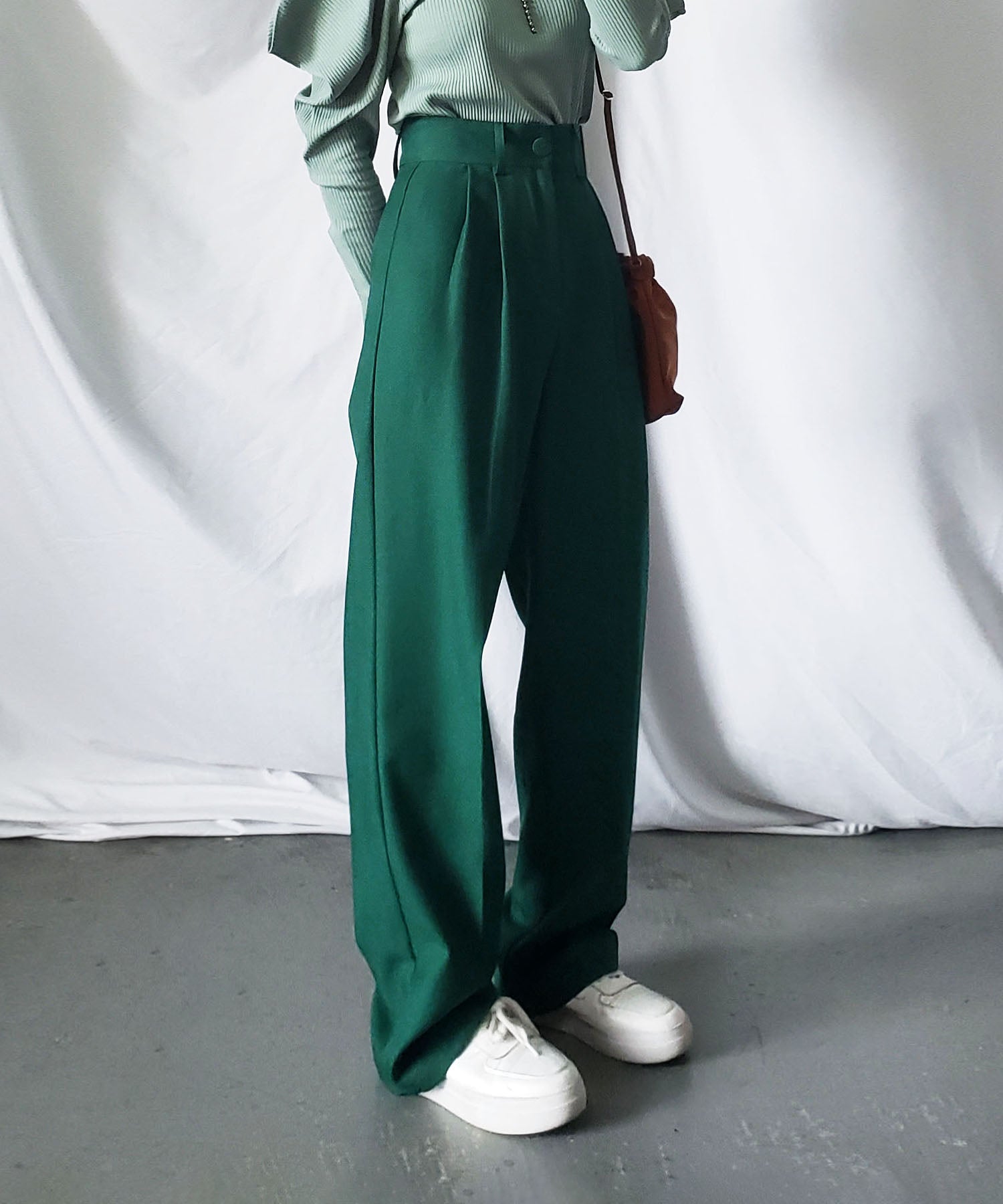 【 秋冬素材で新登場! 】太ベルトハイウエストウールライクカラータックスラックス