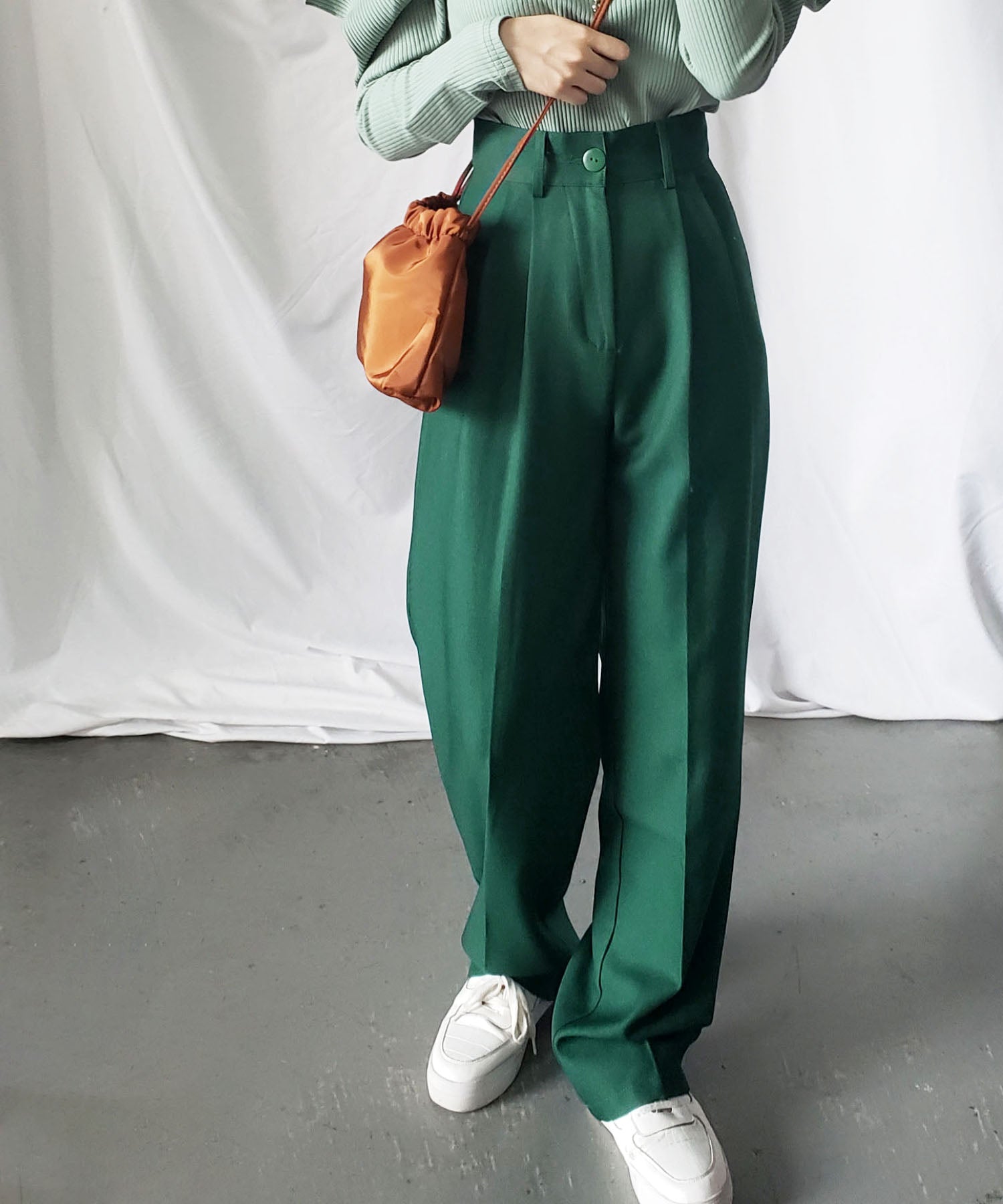 【 秋冬素材で新登場! 】太ベルトハイウエストウールライクカラータックスラックス