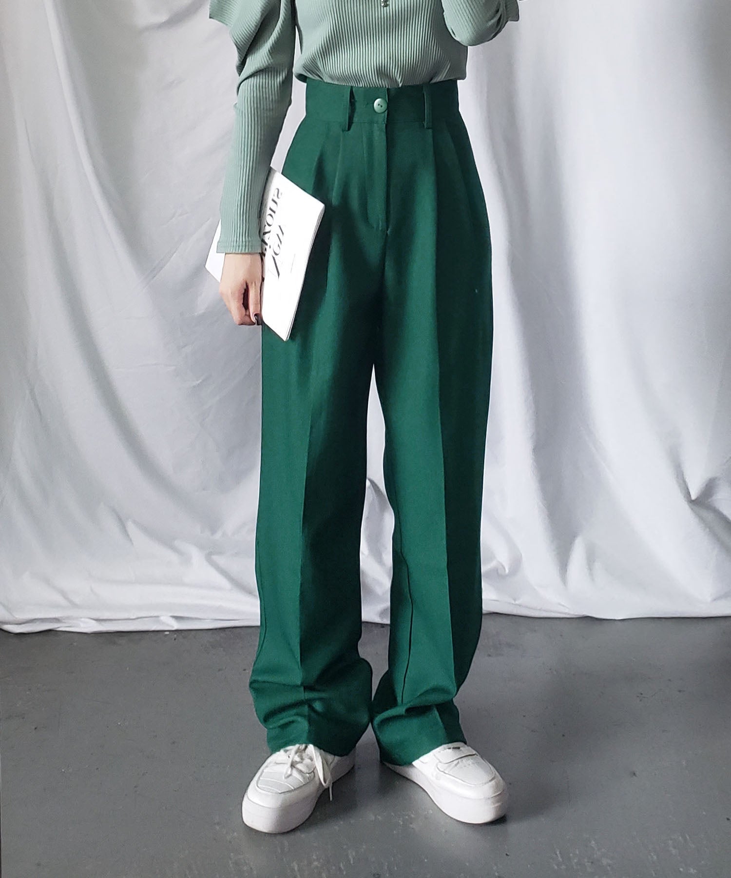 【 秋冬素材で新登場! 】太ベルトハイウエストウールライクカラータックスラックス