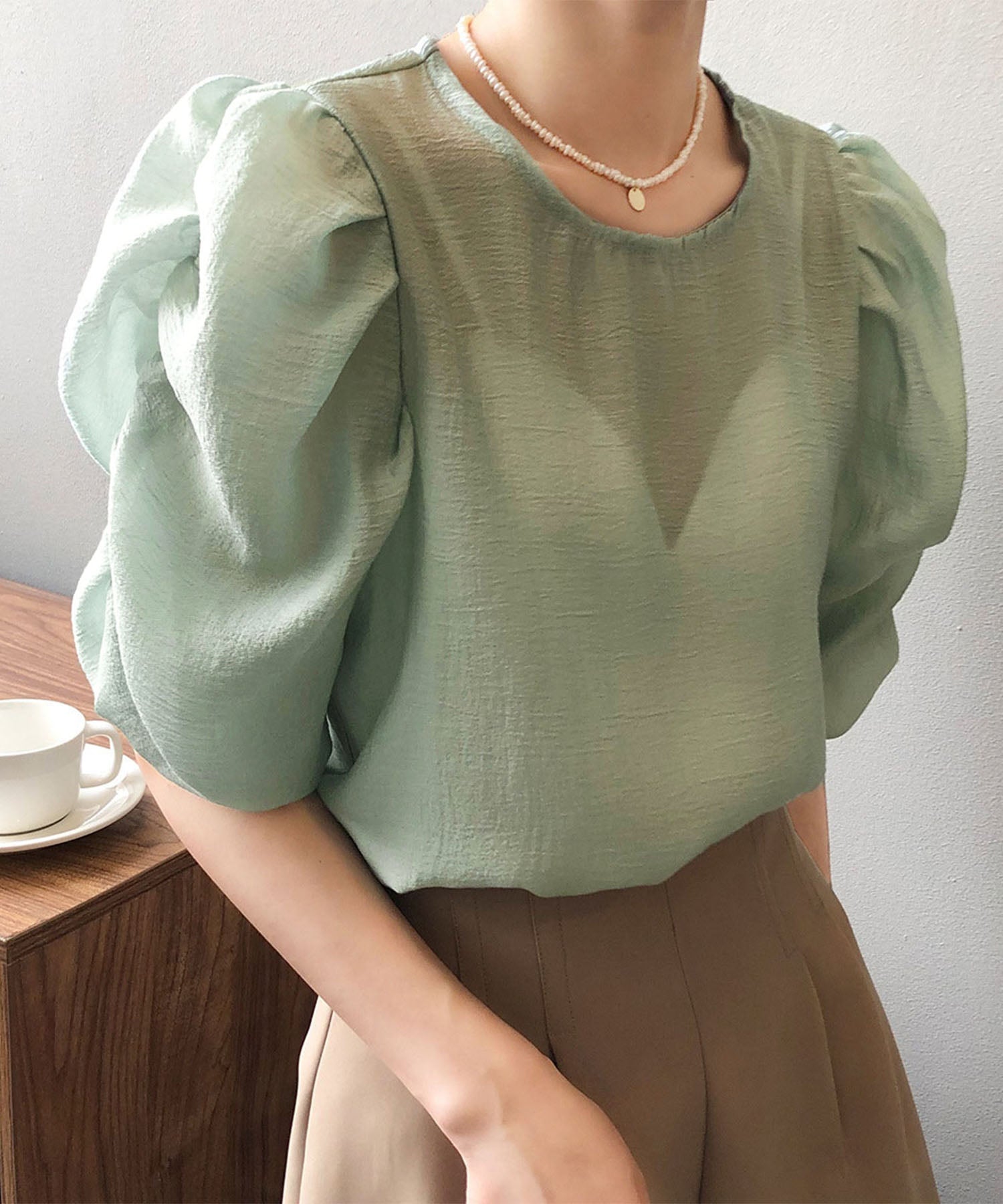 【 5color 】シャーリングパフスリーブグロッシーシアーブラウス