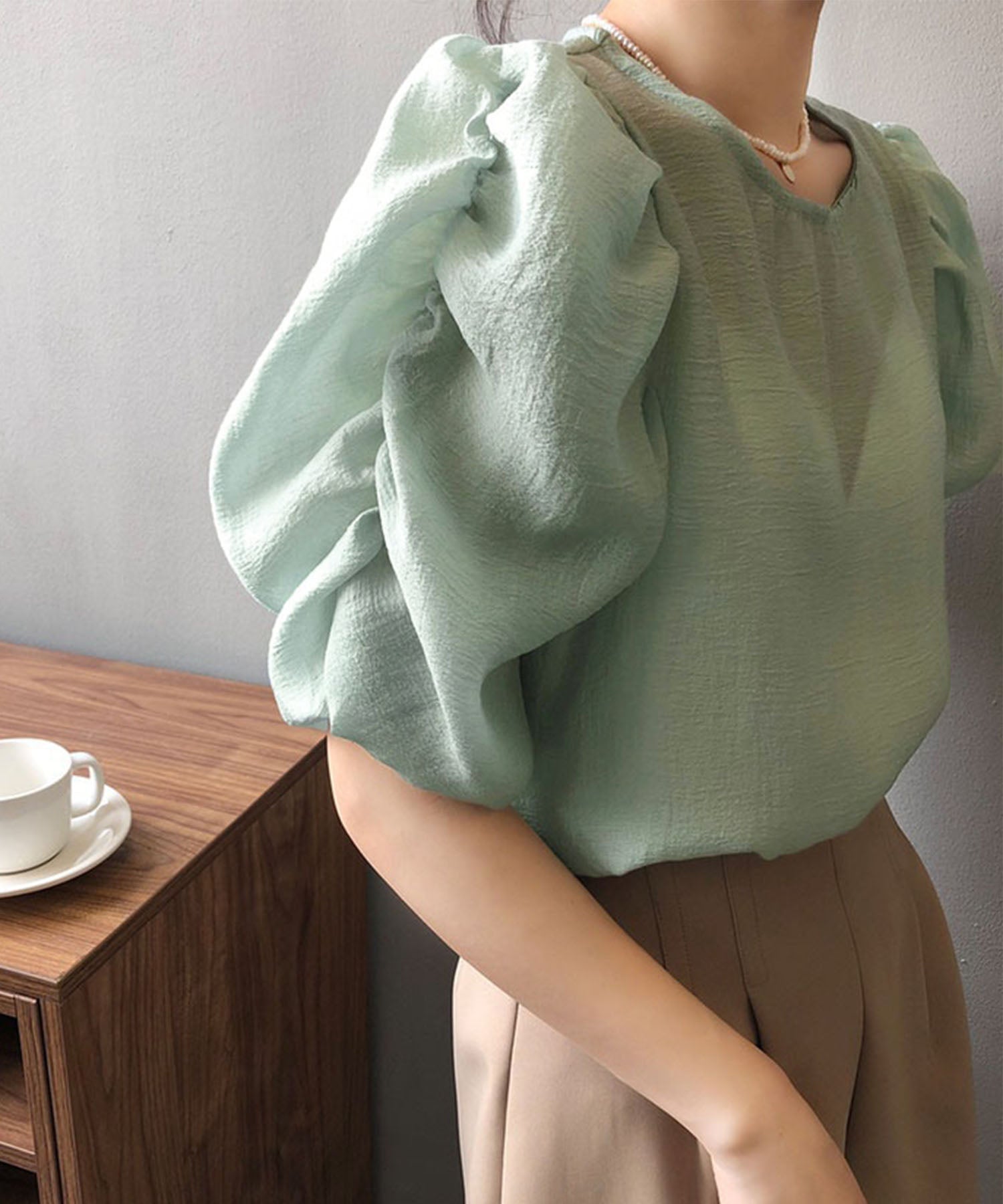 【 5color 】シャーリングパフスリーブグロッシーシアーブラウス
