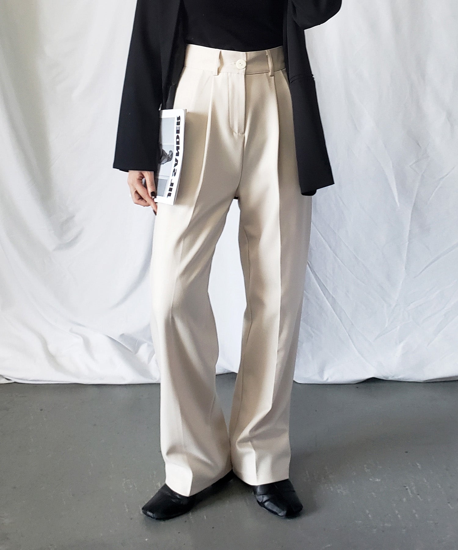 【 秋冬素材で新登場! 】太ベルトハイウエストウールライクカラータックスラックス