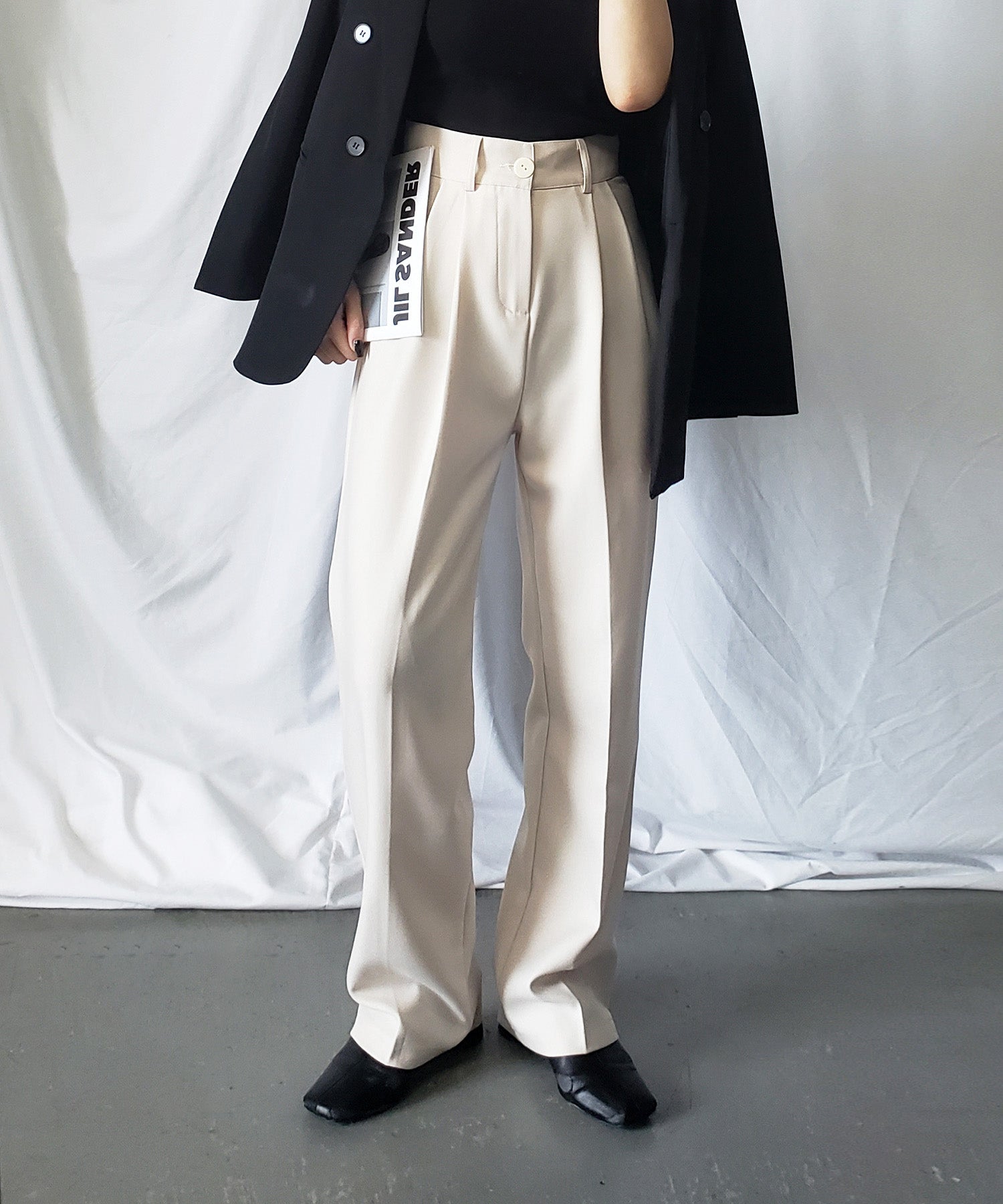 【 秋冬素材で新登場! 】太ベルトハイウエストウールライクカラータックスラックス