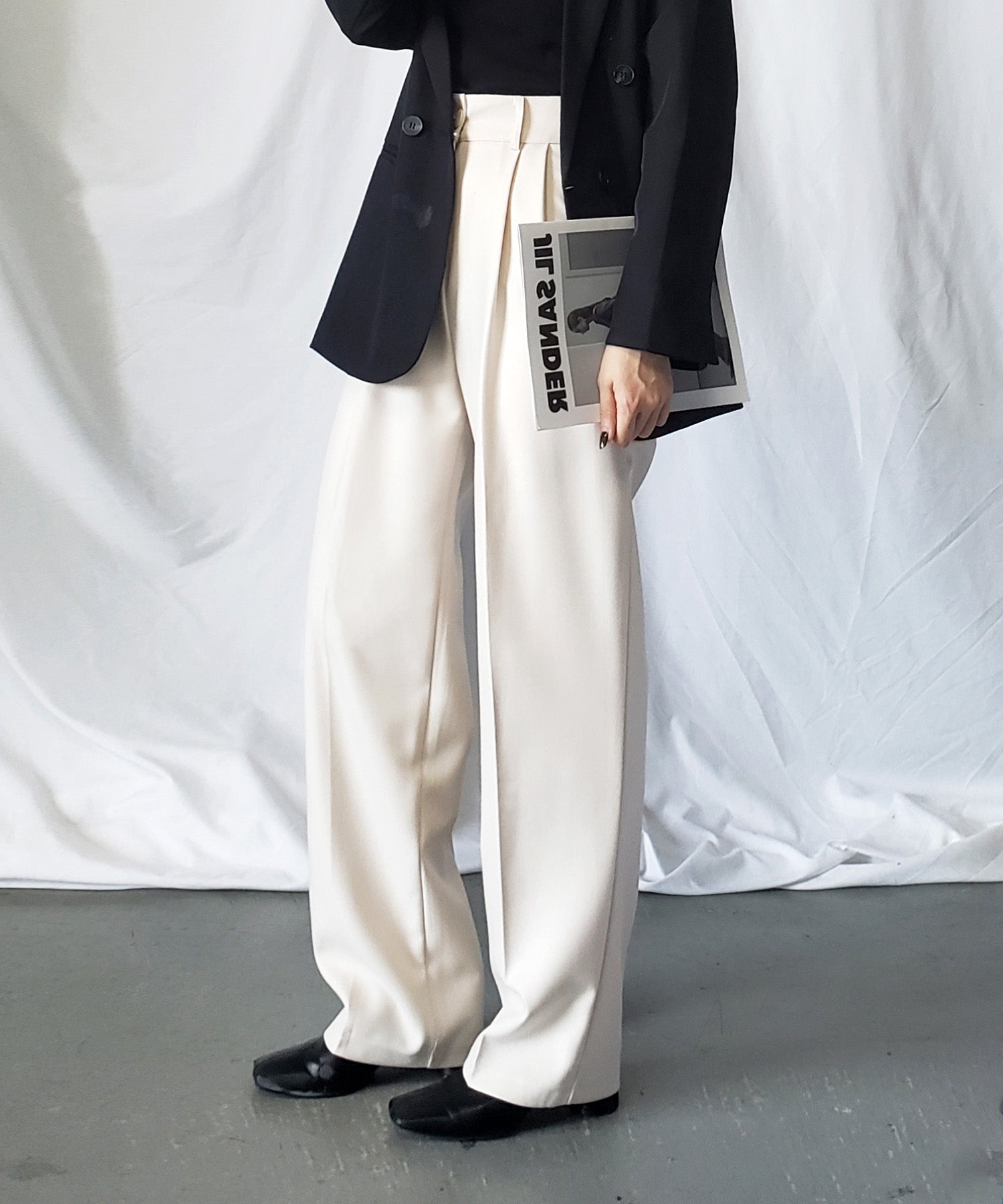 【 秋冬素材で新登場! 】太ベルトハイウエストウールライクカラータックスラックス