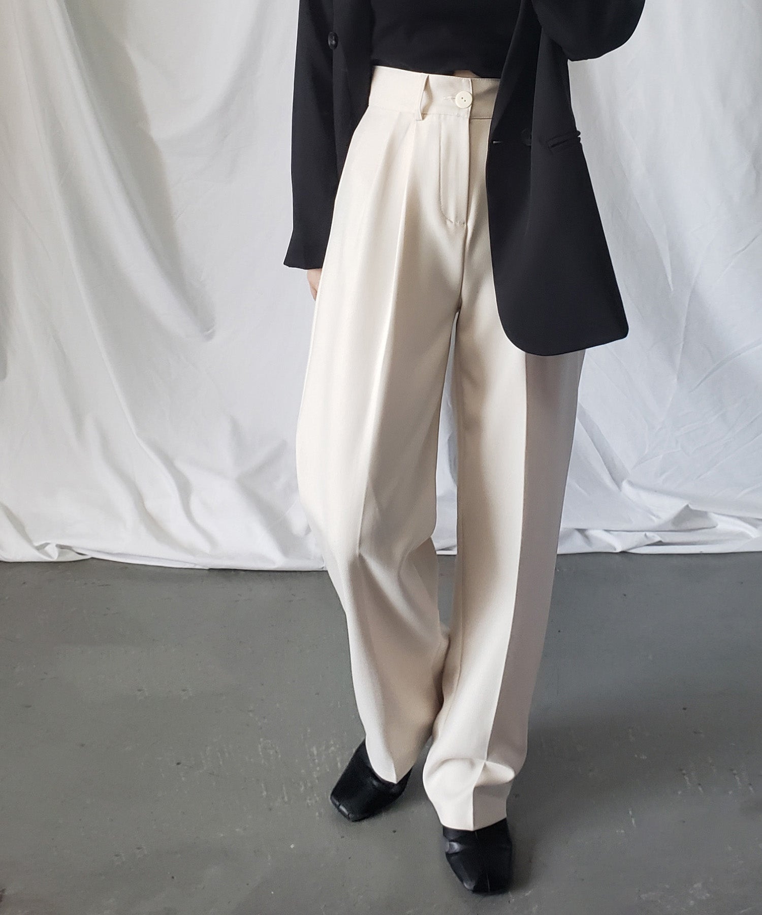 【 秋冬素材で新登場! 】太ベルトハイウエストウールライクカラータックスラックス