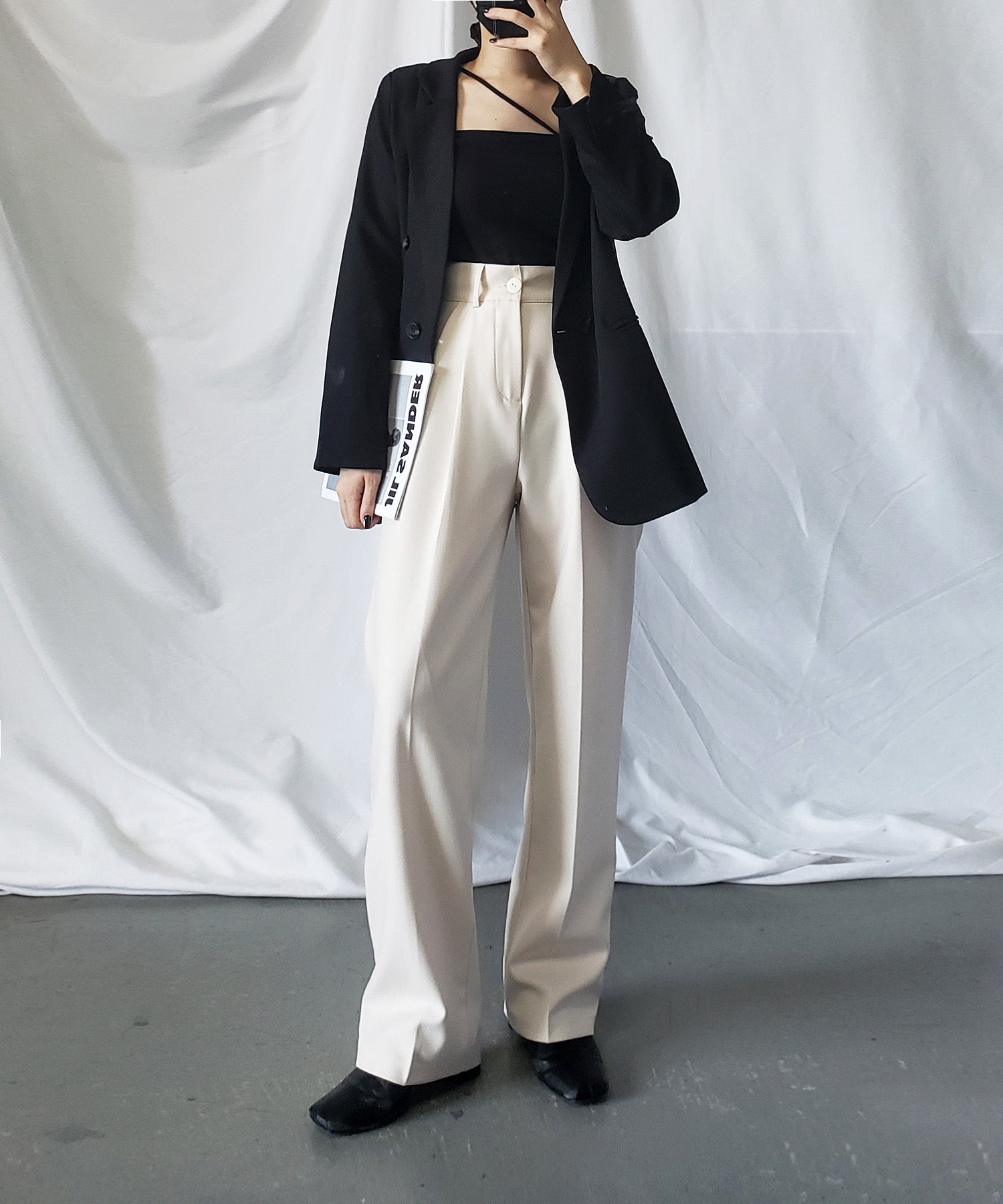 【 秋冬素材で新登場! 】太ベルトハイウエストウールライクカラータックスラックス