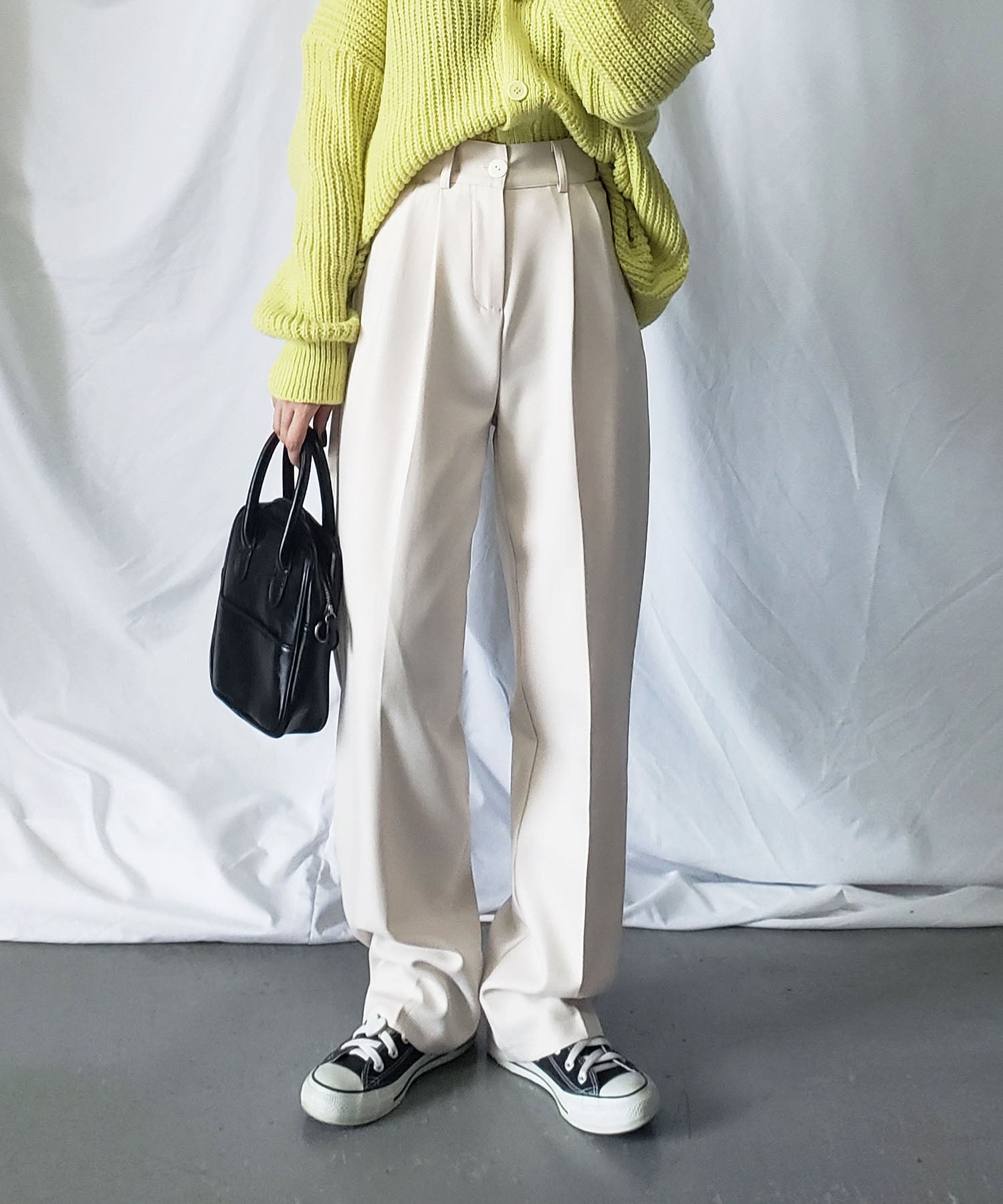 【 秋冬素材で新登場! 】太ベルトハイウエストウールライクカラータックスラックス