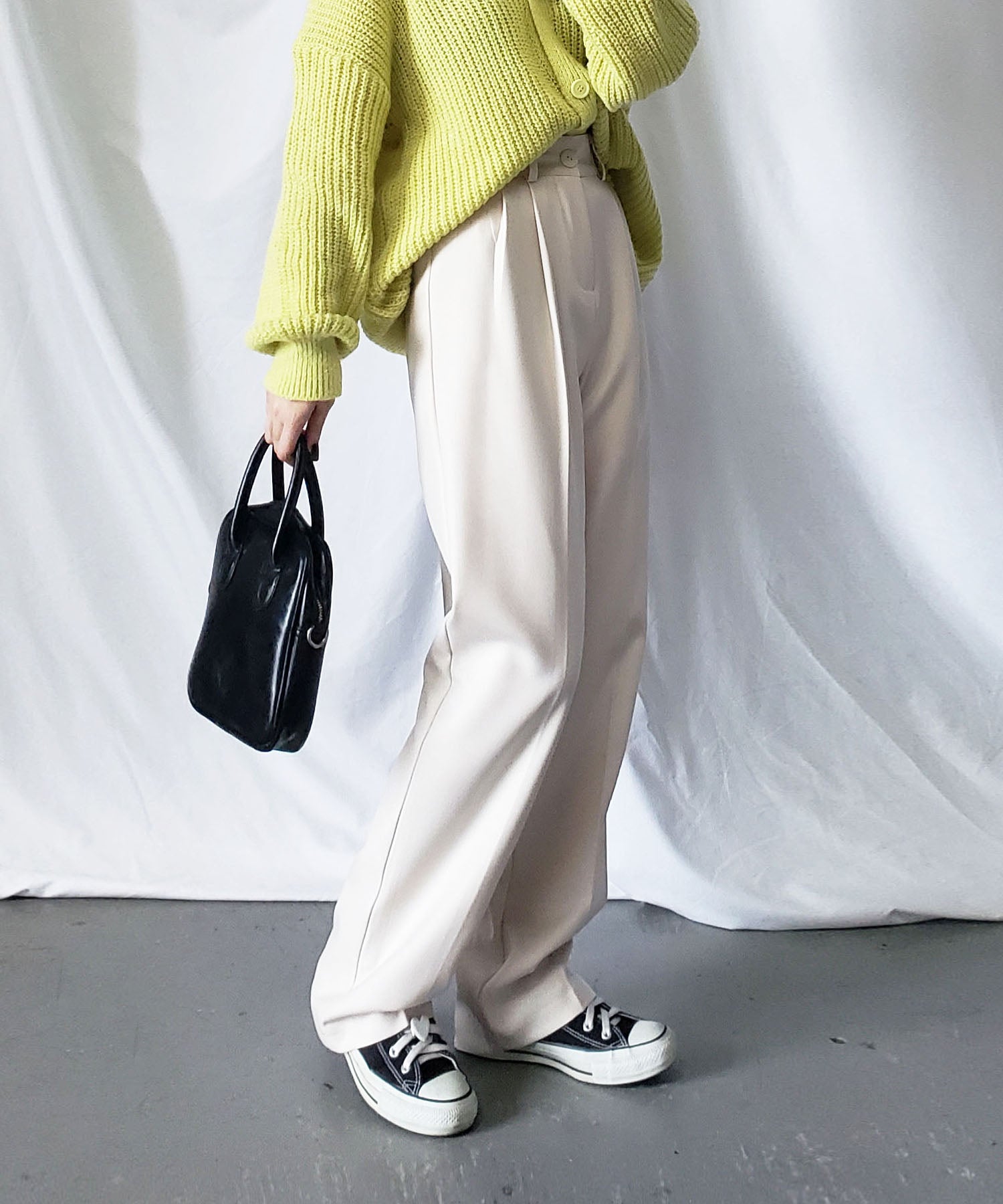 【 秋冬素材で新登場! 】太ベルトハイウエストウールライクカラータックスラックス