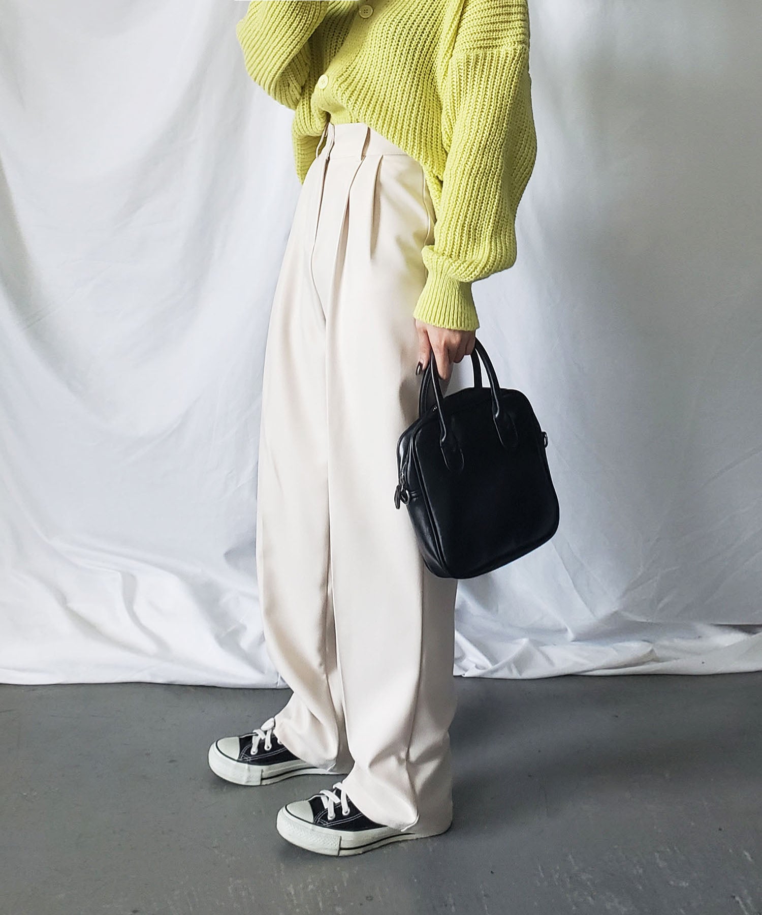 【 秋冬素材で新登場! 】太ベルトハイウエストウールライクカラータックスラックス