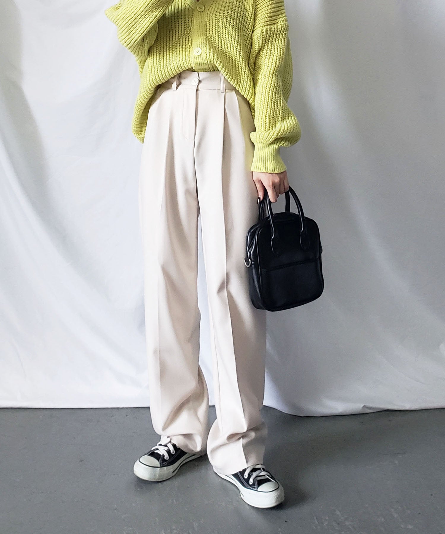 【 秋冬素材で新登場! 】太ベルトハイウエストウールライクカラータックスラックス