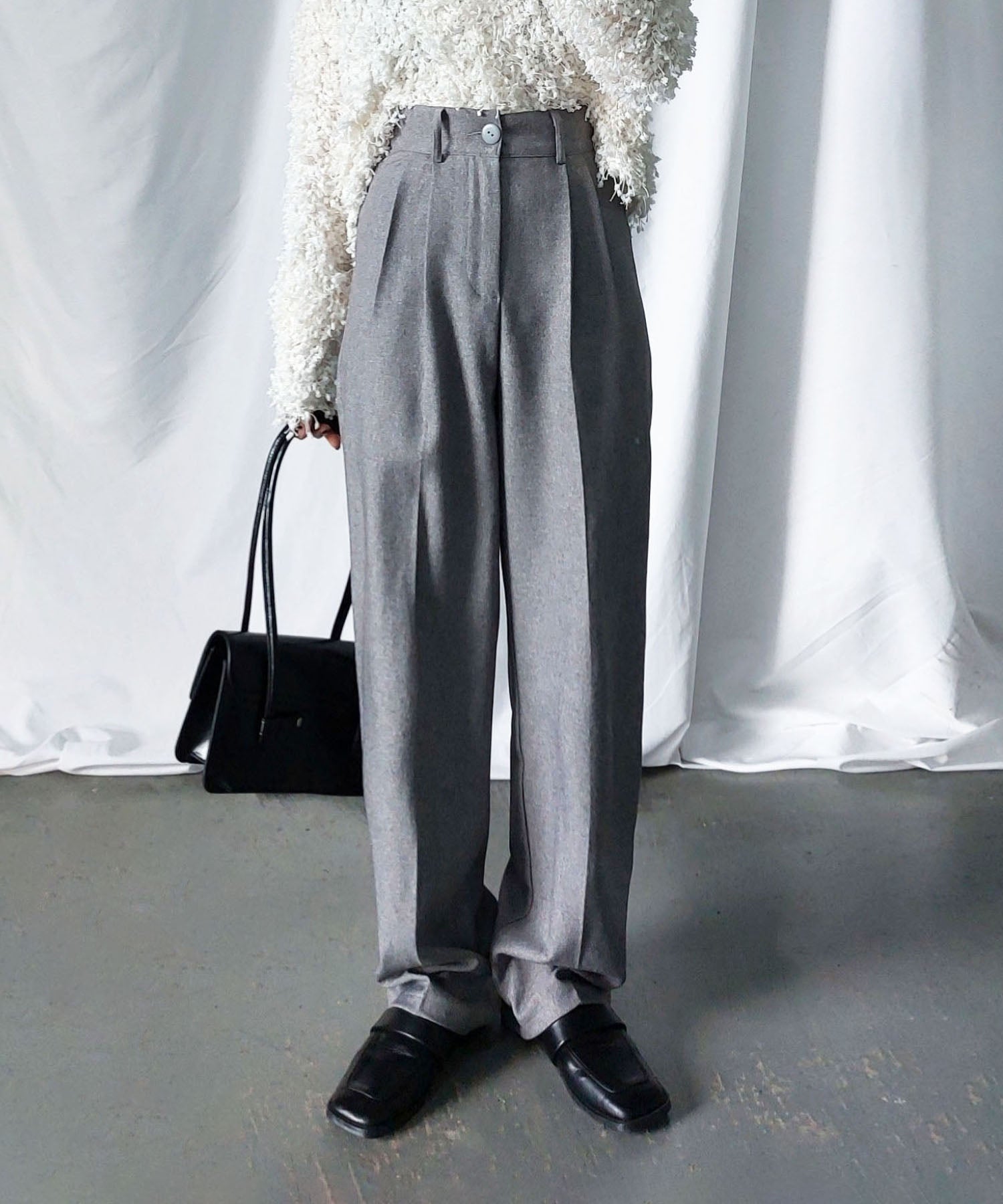 【 秋冬素材で新登場! 】太ベルトハイウエストウールライクカラータックスラックス