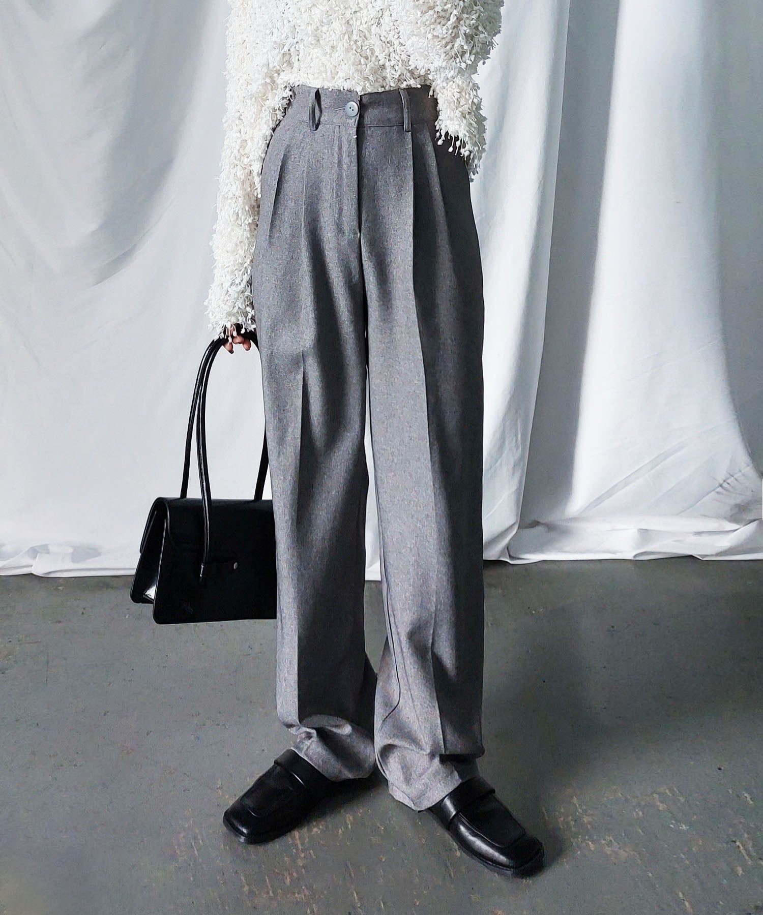 【 秋冬素材で新登場! 】太ベルトハイウエストウールライクカラータックスラックス