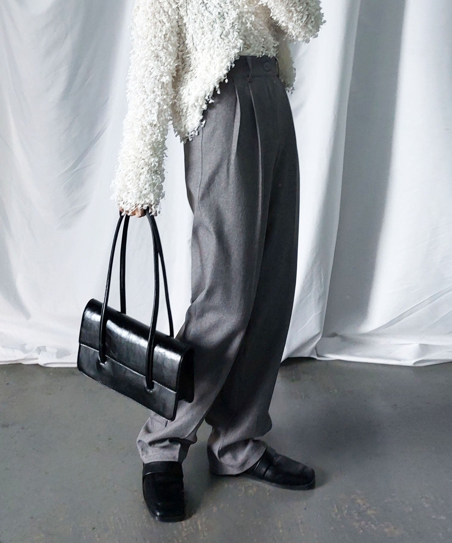 【 秋冬素材で新登場! 】太ベルトハイウエストウールライクカラータックスラックス