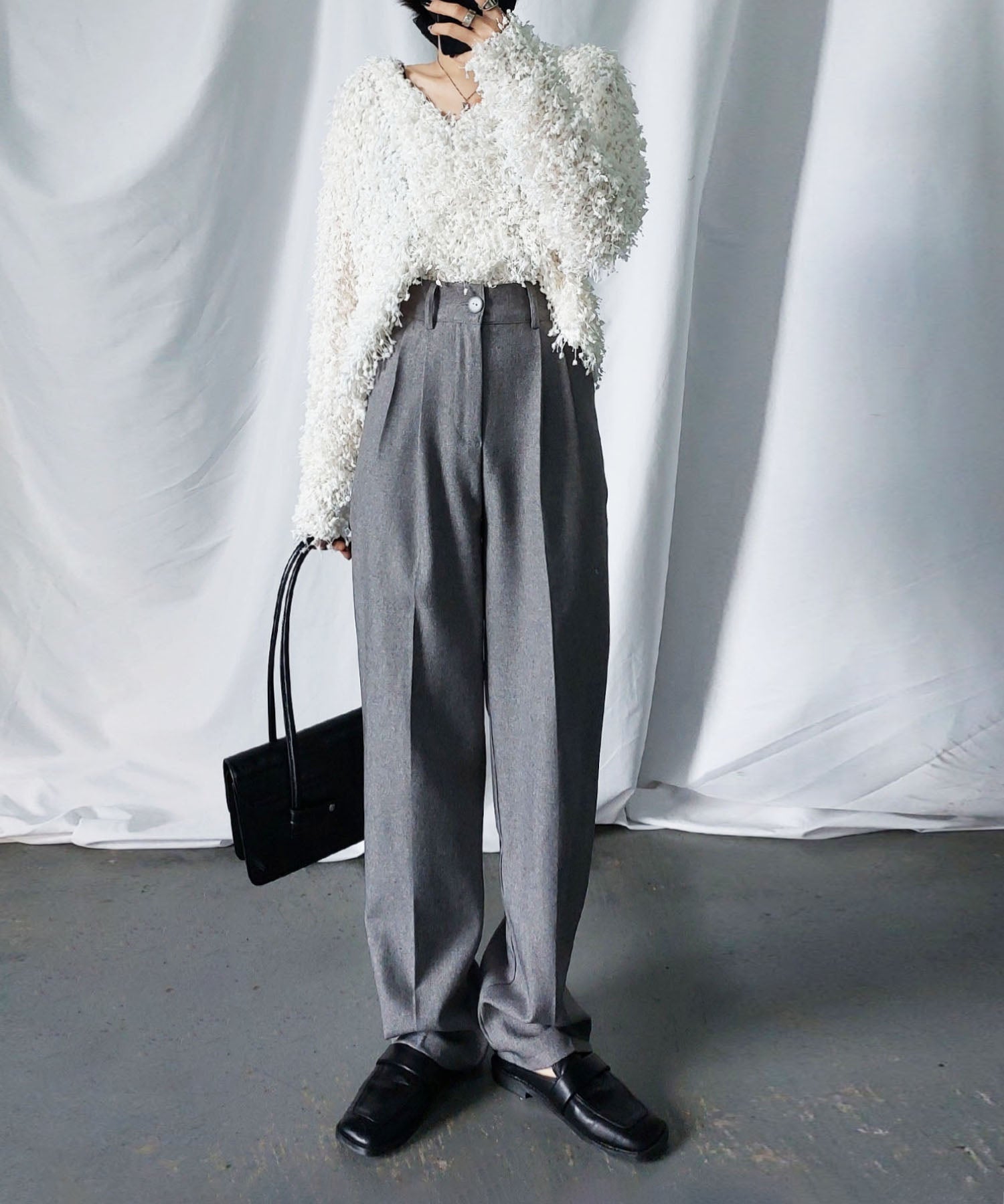 【 秋冬素材で新登場! 】太ベルトハイウエストウールライクカラータックスラックス