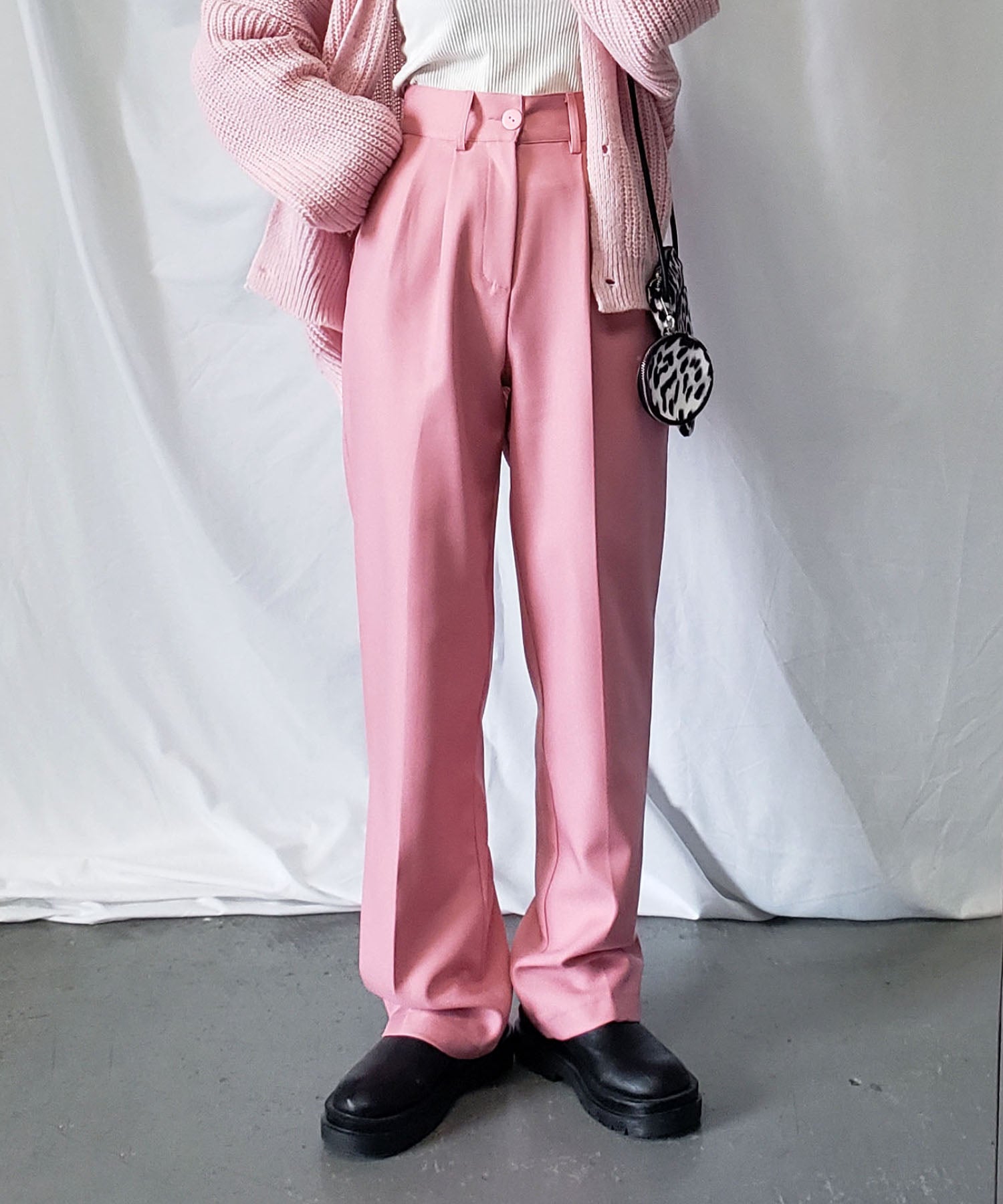 【 秋冬素材で新登場! 】太ベルトハイウエストウールライクカラータックスラックス