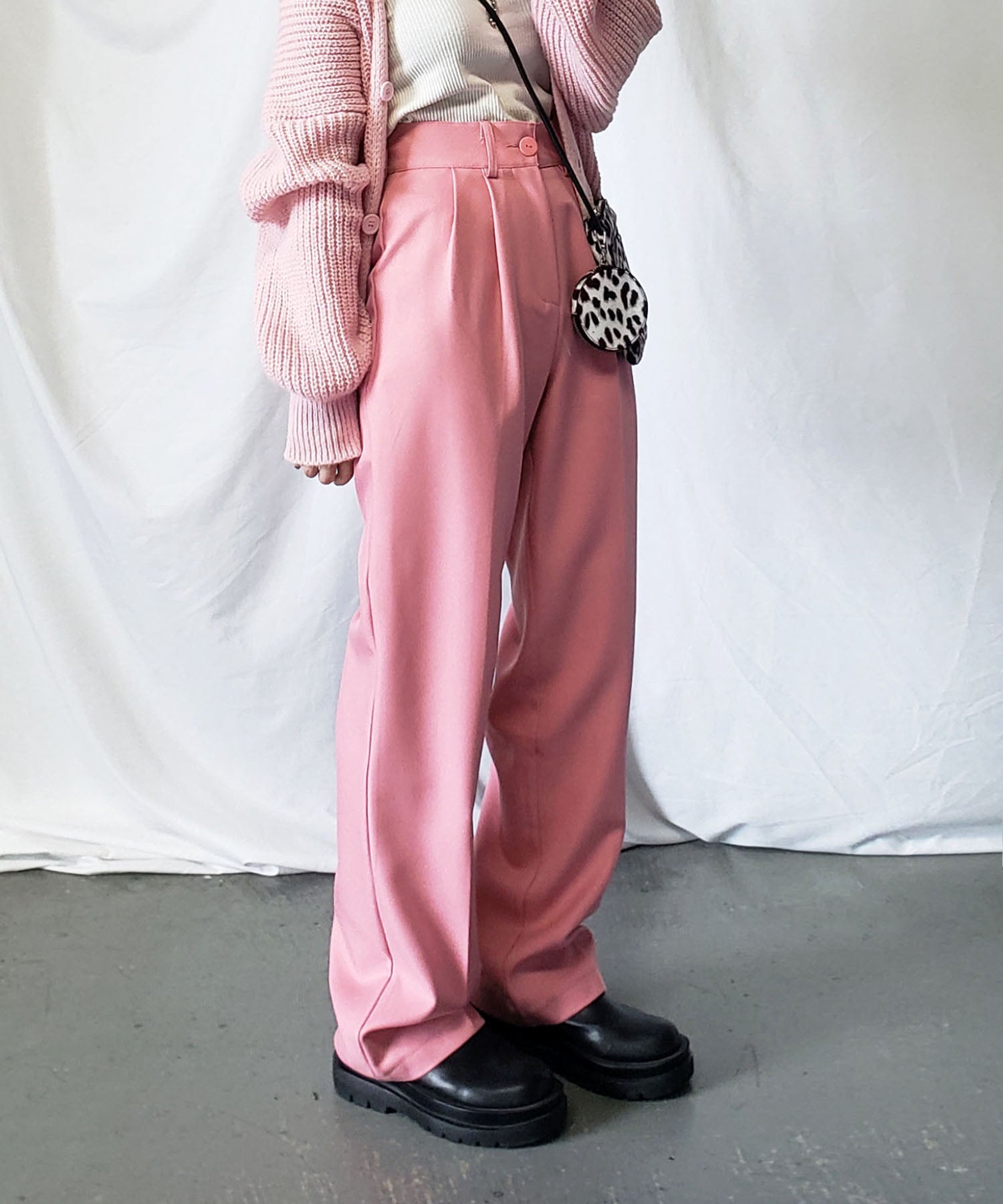 【 秋冬素材で新登場! 】太ベルトハイウエストウールライクカラータックスラックス