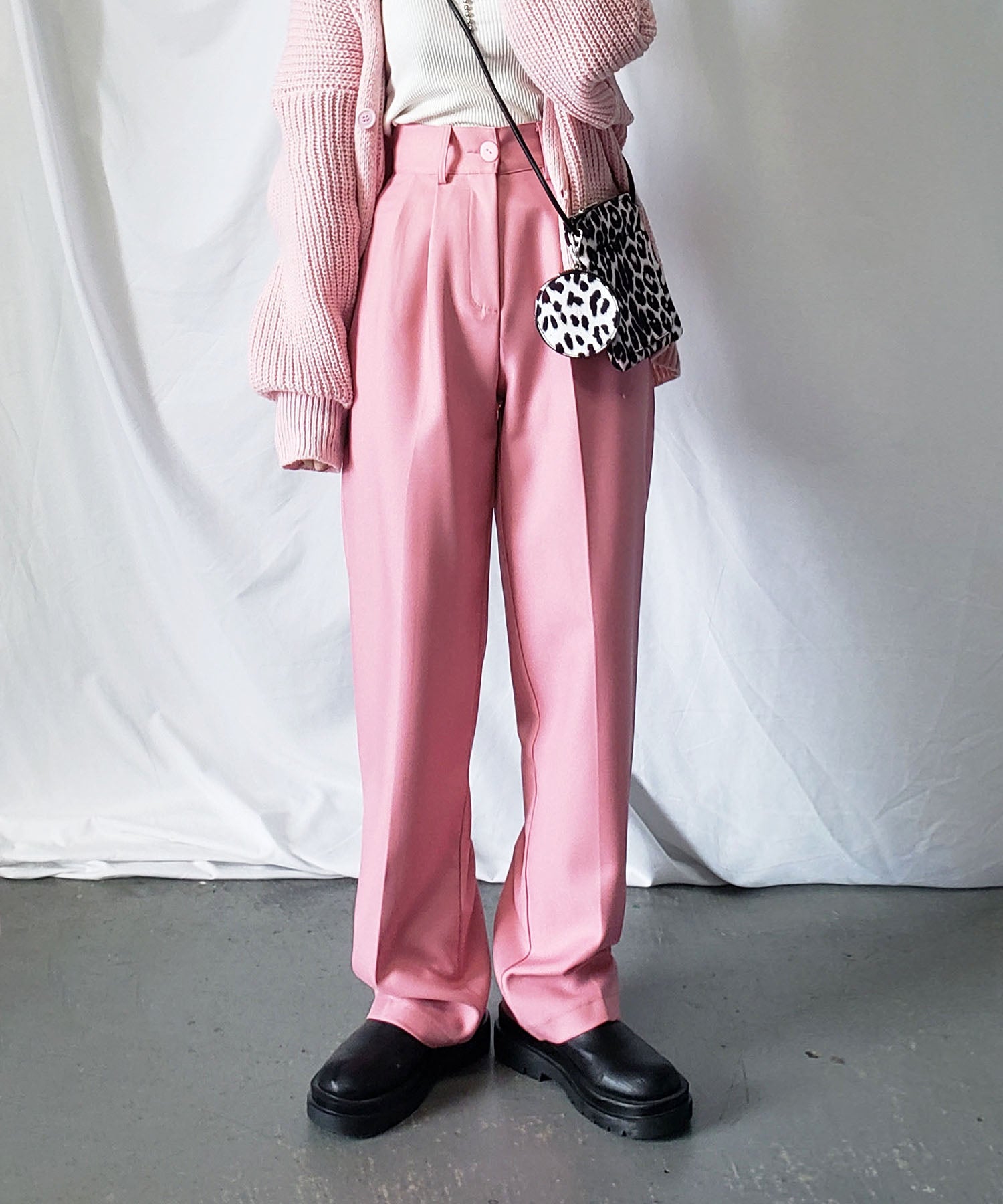 【 秋冬素材で新登場! 】太ベルトハイウエストウールライクカラータックスラックス