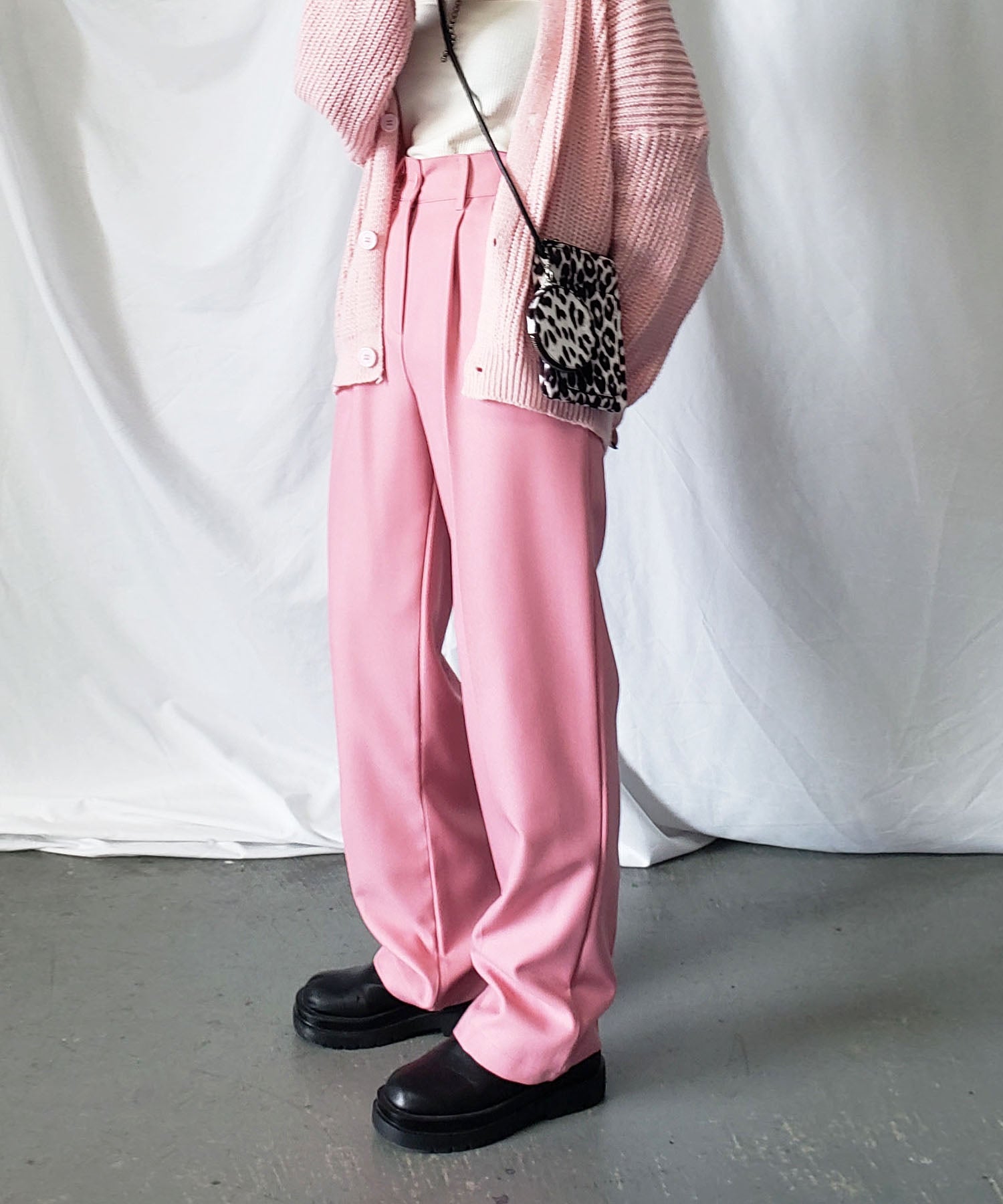 【 秋冬素材で新登場! 】太ベルトハイウエストウールライクカラータックスラックス