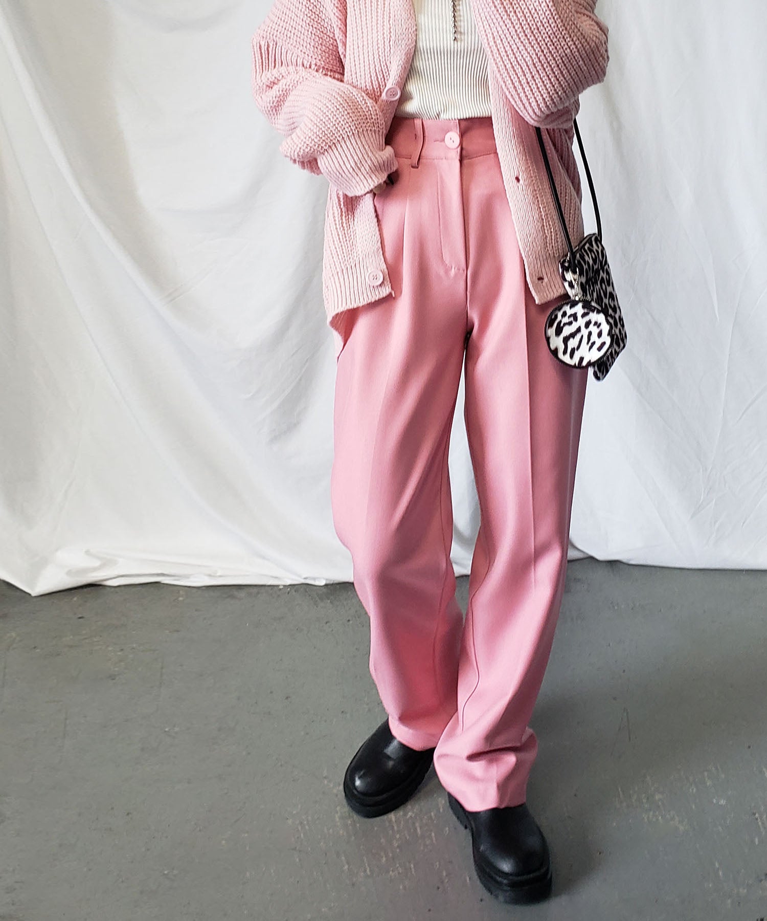 【 秋冬素材で新登場! 】太ベルトハイウエストウールライクカラータックスラックス